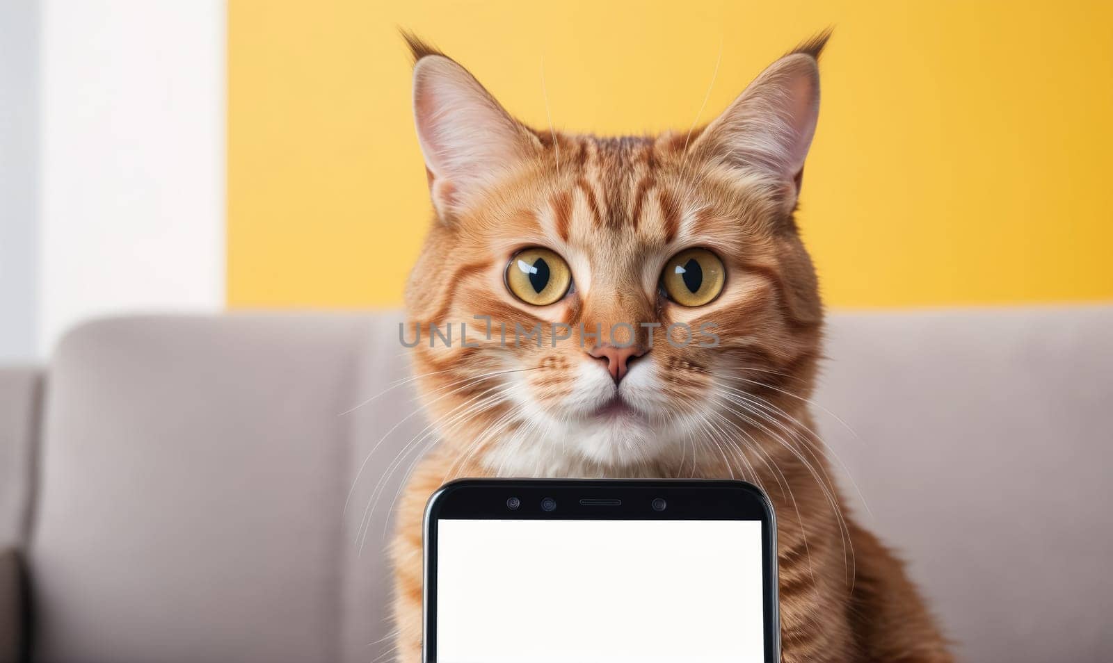 A ginger cat with large, round eyes sits on a gray couch with a yellow wall behind it. The cat is holding a black smartphone with a blank white screen. The cat is looking directly at the camera.