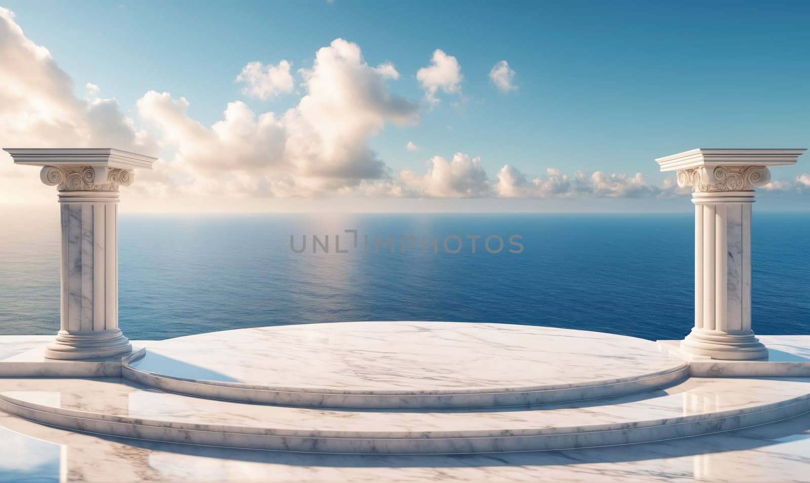Two white marble columns with ornate capitals stand on a platform made of white marble. The platform has three steps and overlooks the ocean