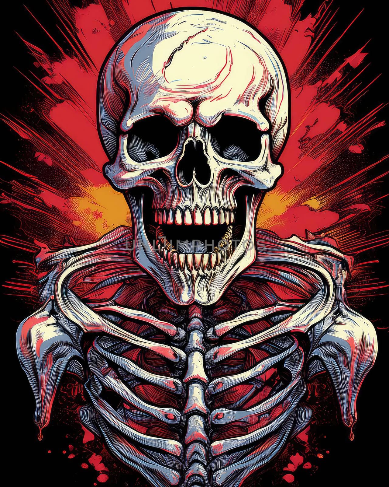 Horror theme skeleton screaming into the void. Creepy open-mouthed skull with abstract background. Nightmarish skull-like creature in vibrant, gory colors.