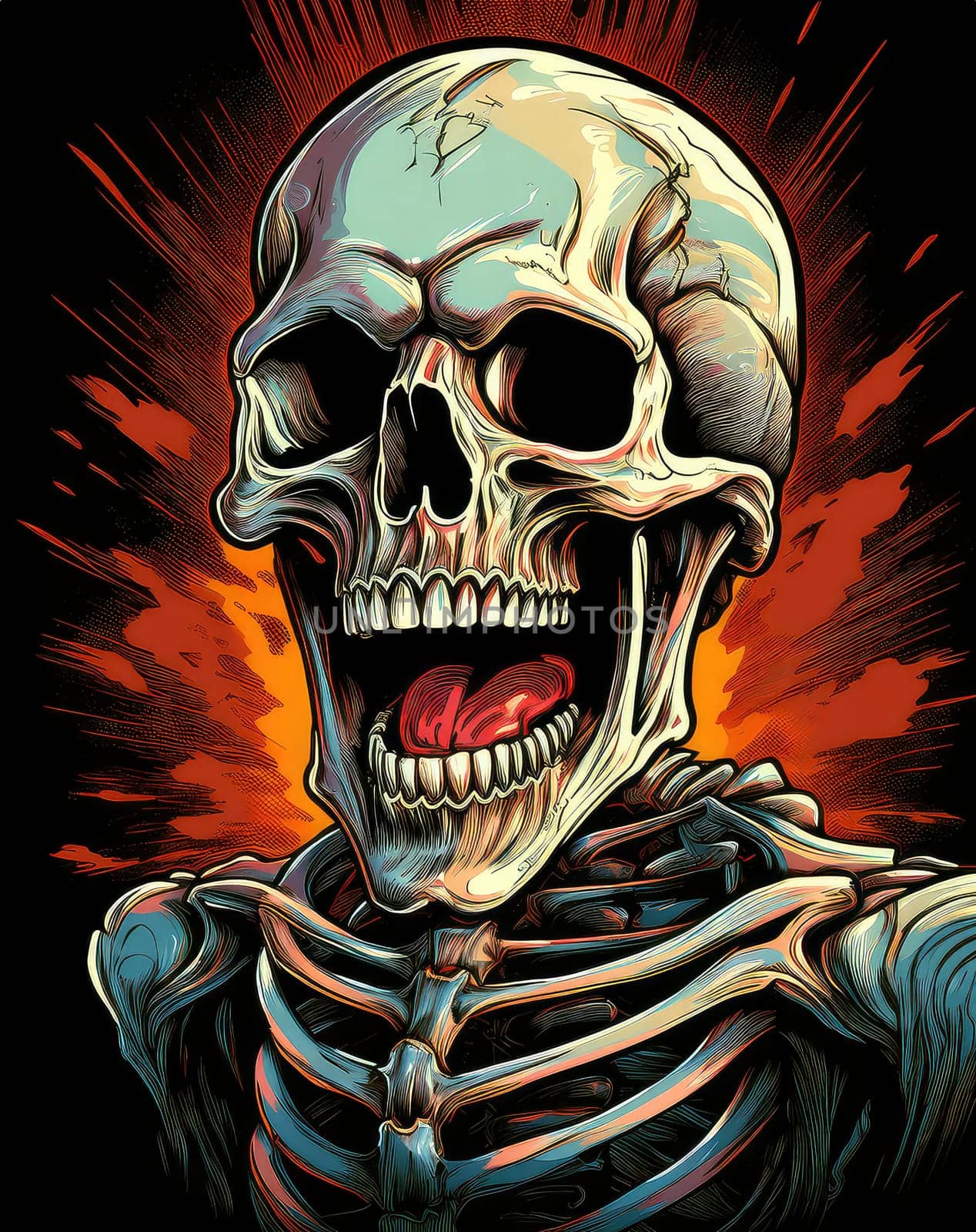 Horror theme skeleton screaming into the void. Creepy open-mouthed skull with abstract background. Nightmarish skull-like creature in vibrant, gory colors.