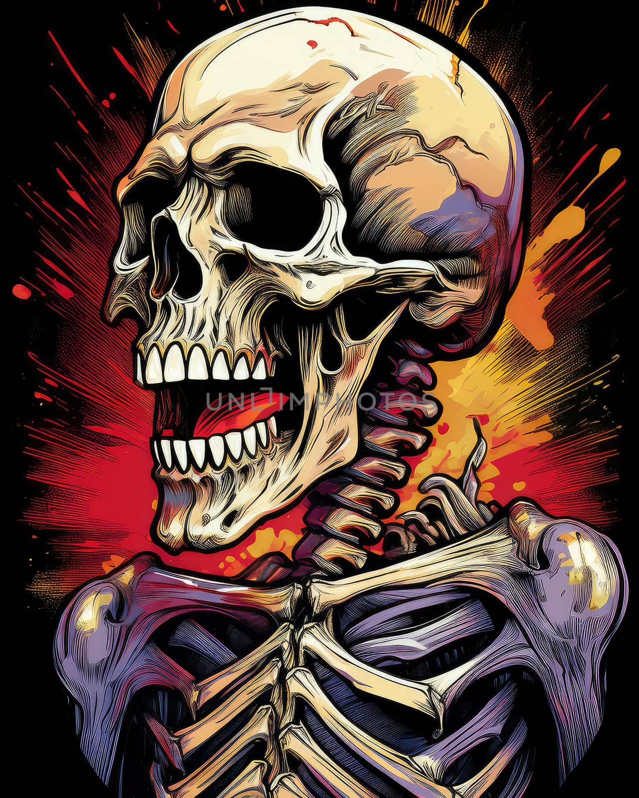 Horror theme skeleton screaming into the void. Creepy open-mouthed skull with abstract background. Nightmarish skull-like creature in vibrant, gory colors.