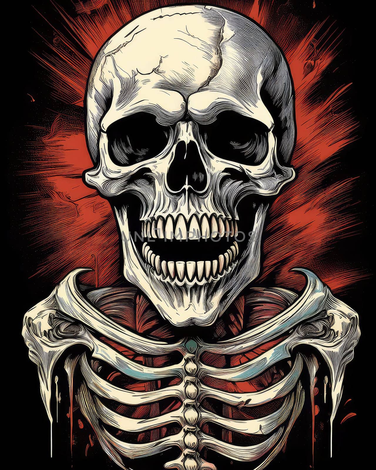 Horror theme skeleton screaming into the void. Creepy open-mouthed skull with abstract background. Nightmarish skull-like creature in vibrant, gory colors.