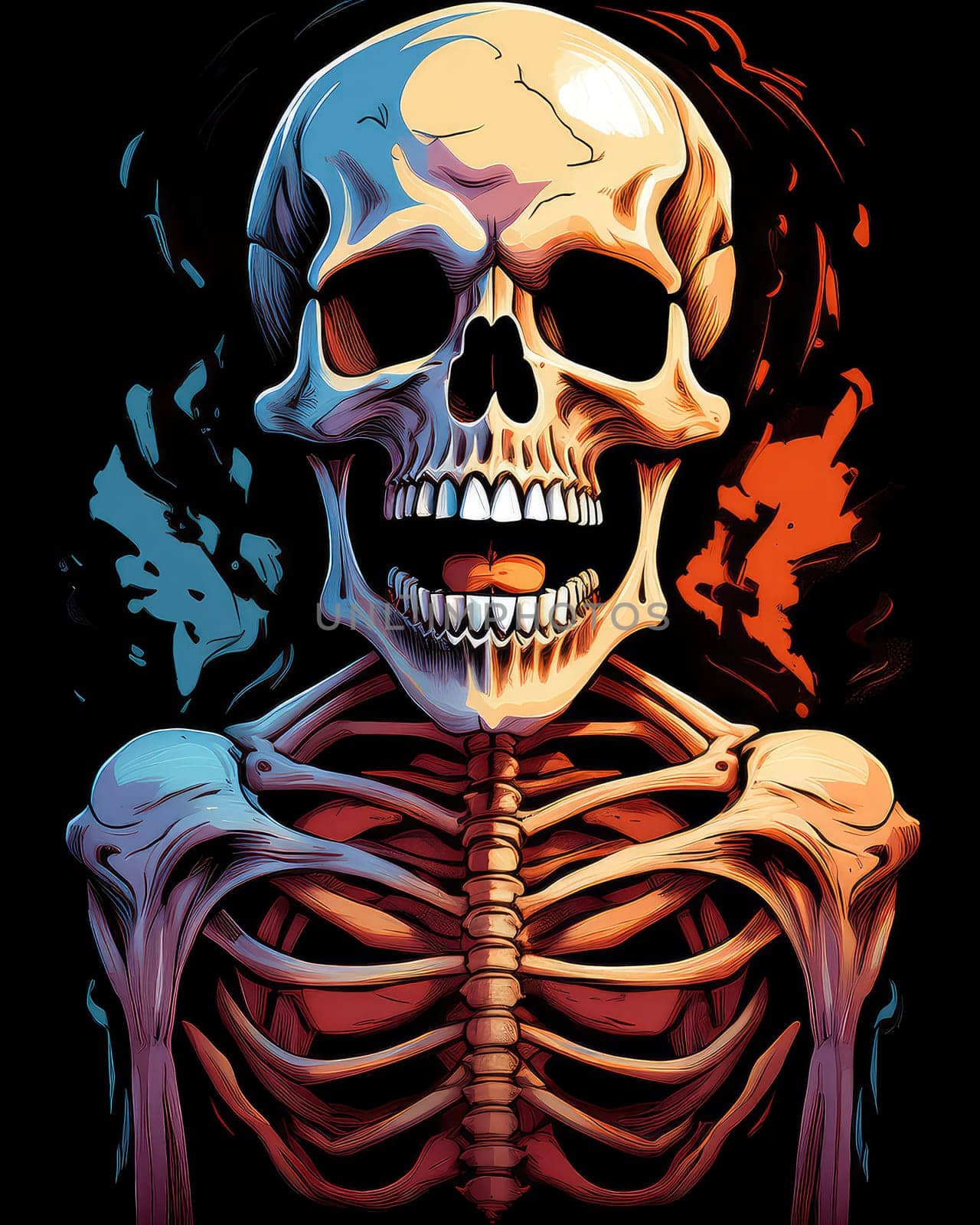 Horror theme skeleton screaming into the void. Creepy open-mouthed skull with abstract background. Nightmarish skull-like creature in vibrant, gory colors.
