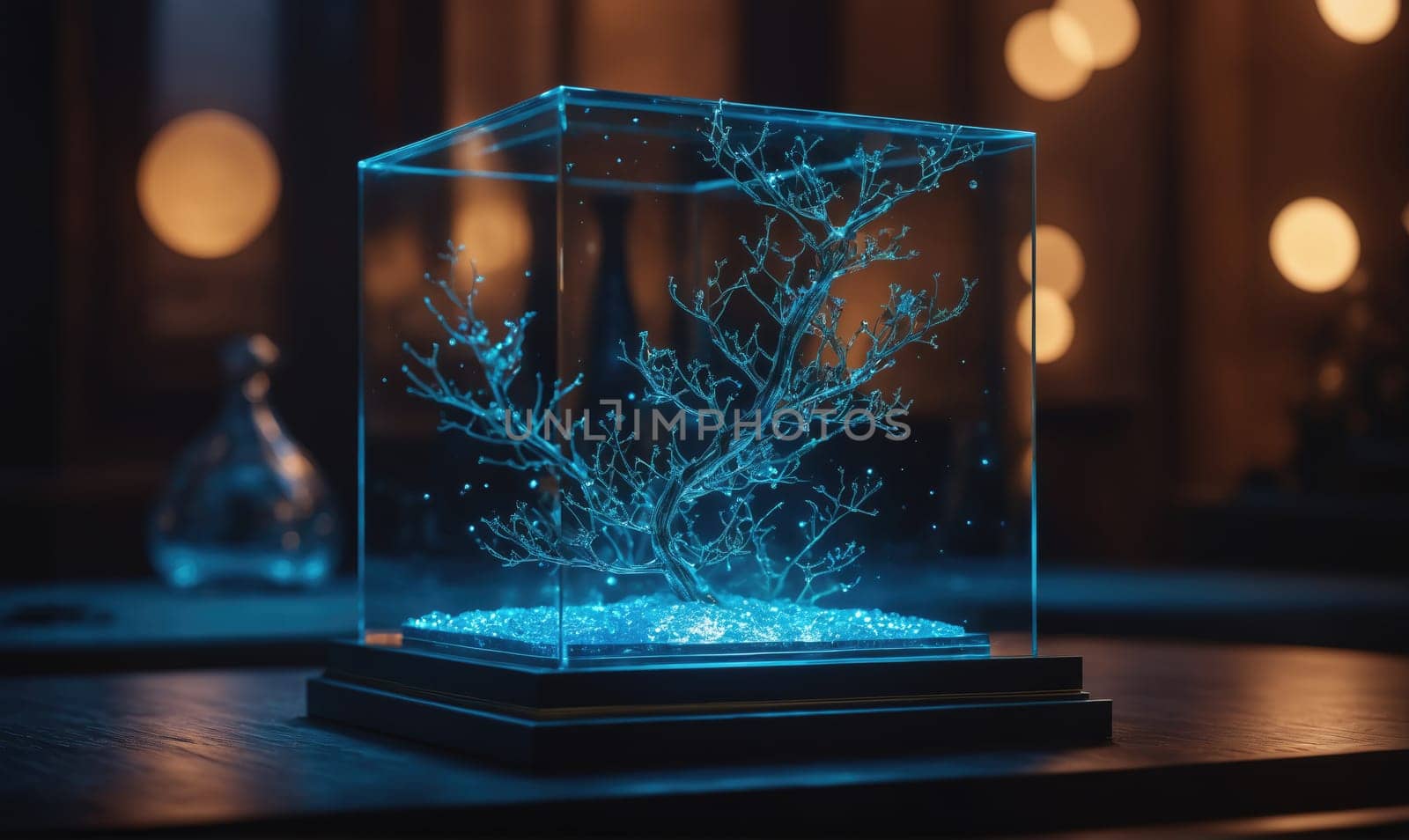 A glass cube sits on a wooden surface in a dark room with warm, blurry lighting. Inside the cube is a small, blue, glowing tree. It appears to be made of metal with a light source shining from below.