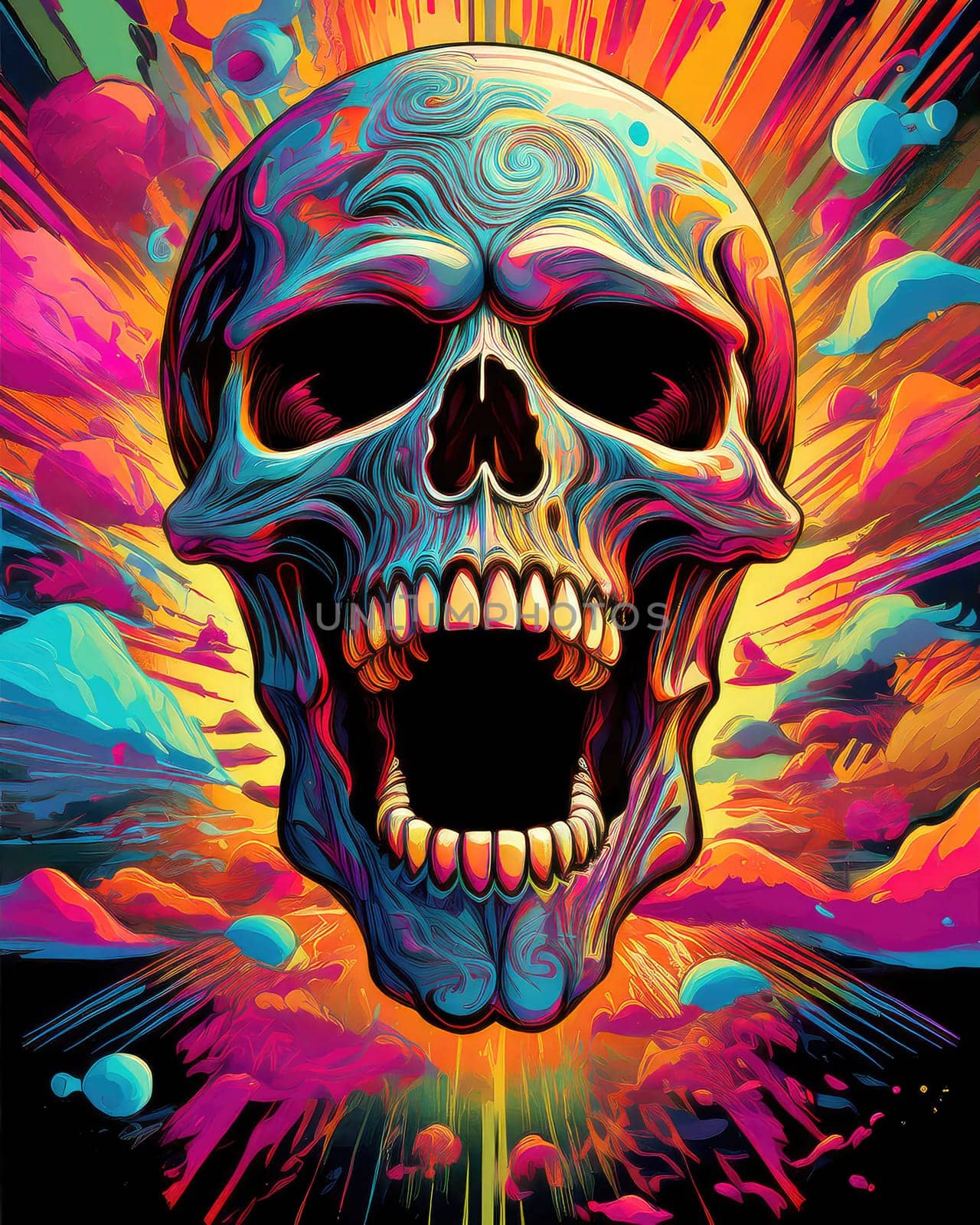 Horror theme skeleton screaming into the void. Creepy open-mouthed skull with abstract background. Nightmarish skull-like creature in vibrant, gory colors.