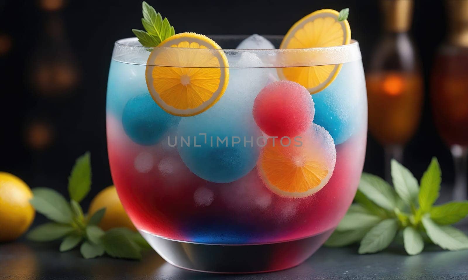 A glass bowl filled with a red and blue layered drink, garnished with lemon slices and mint leaves. The bowl sits on a dark surface with ice cubes, lemon slices, and green leaves around it.