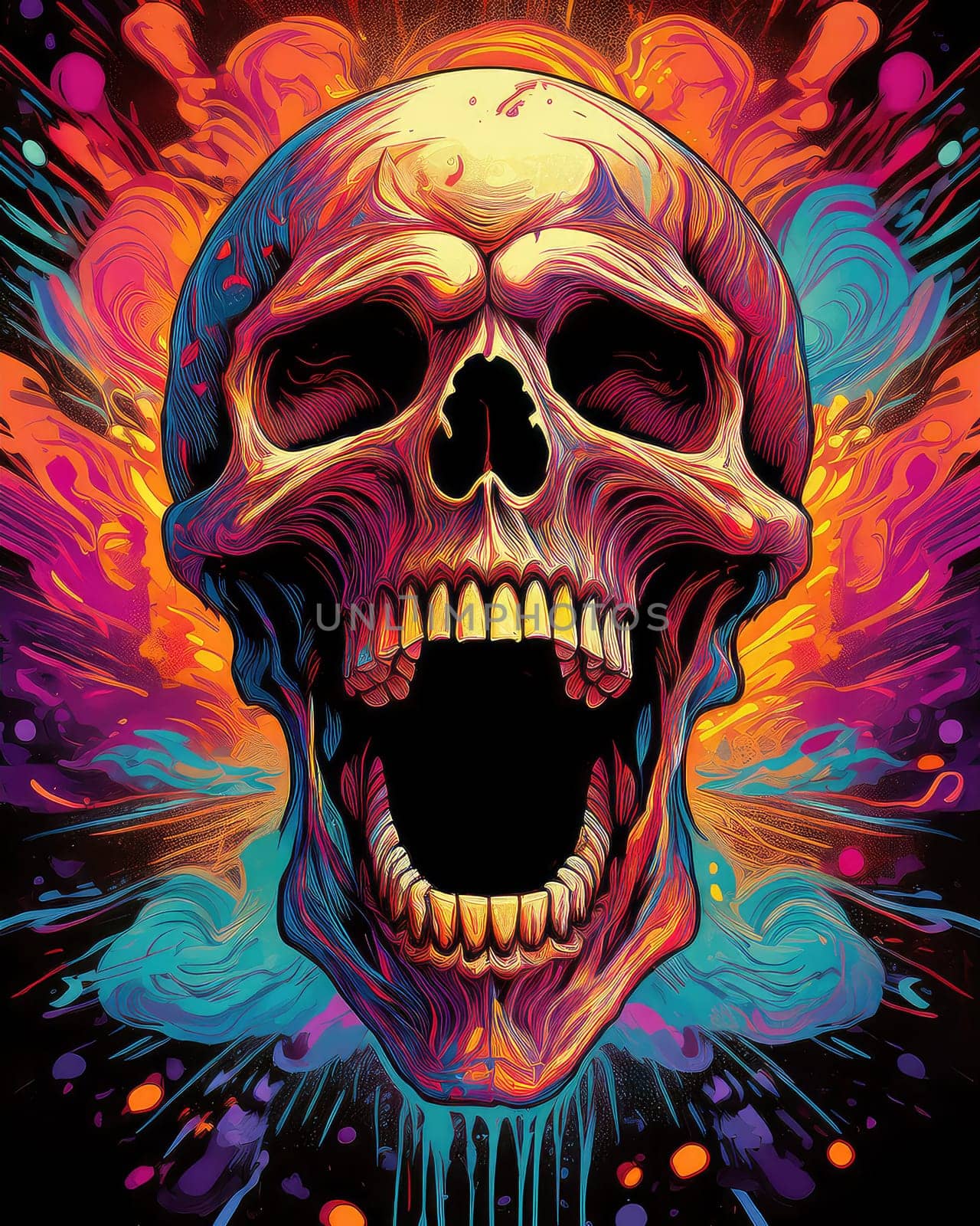 Horror theme skeleton screaming into the void. Creepy open-mouthed skull with abstract background. Nightmarish skull-like creature in vibrant, gory colors.
