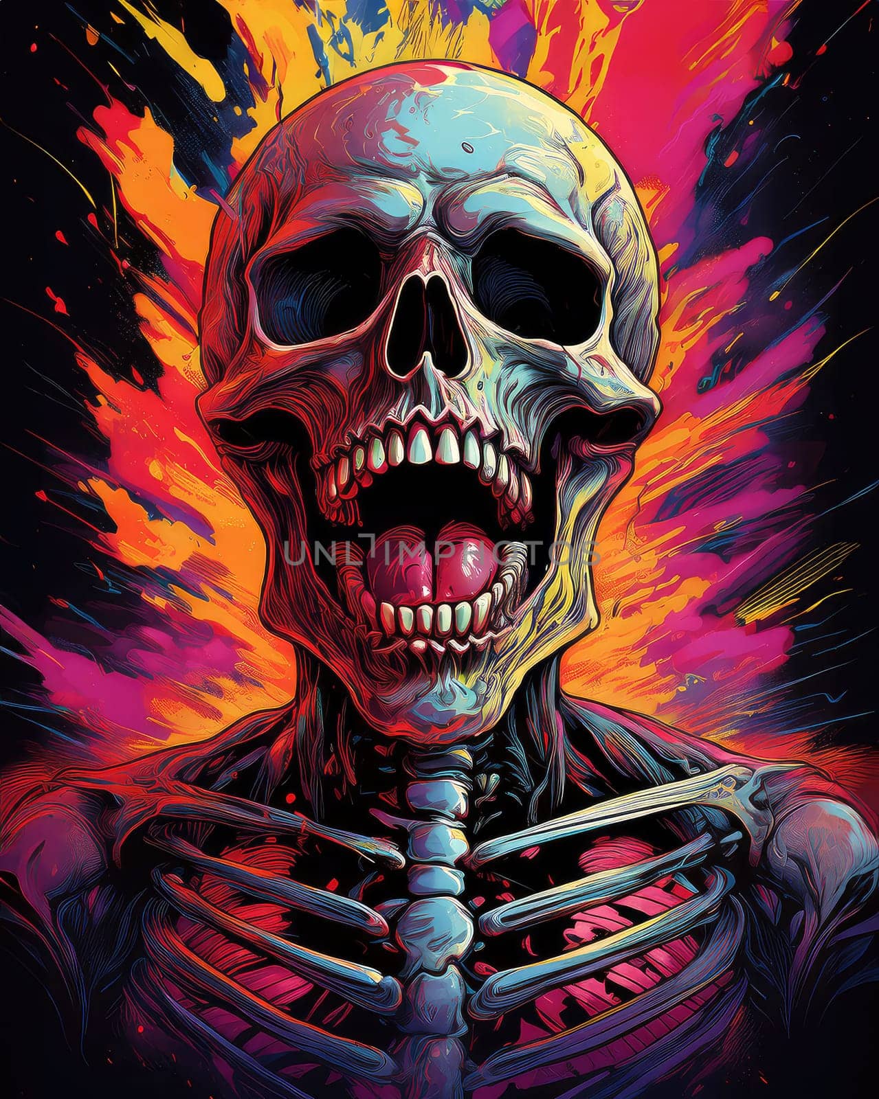 Horror theme skeleton screaming into the void. Creepy open-mouthed skull with abstract background. Nightmarish skull-like creature in vibrant, gory colors.