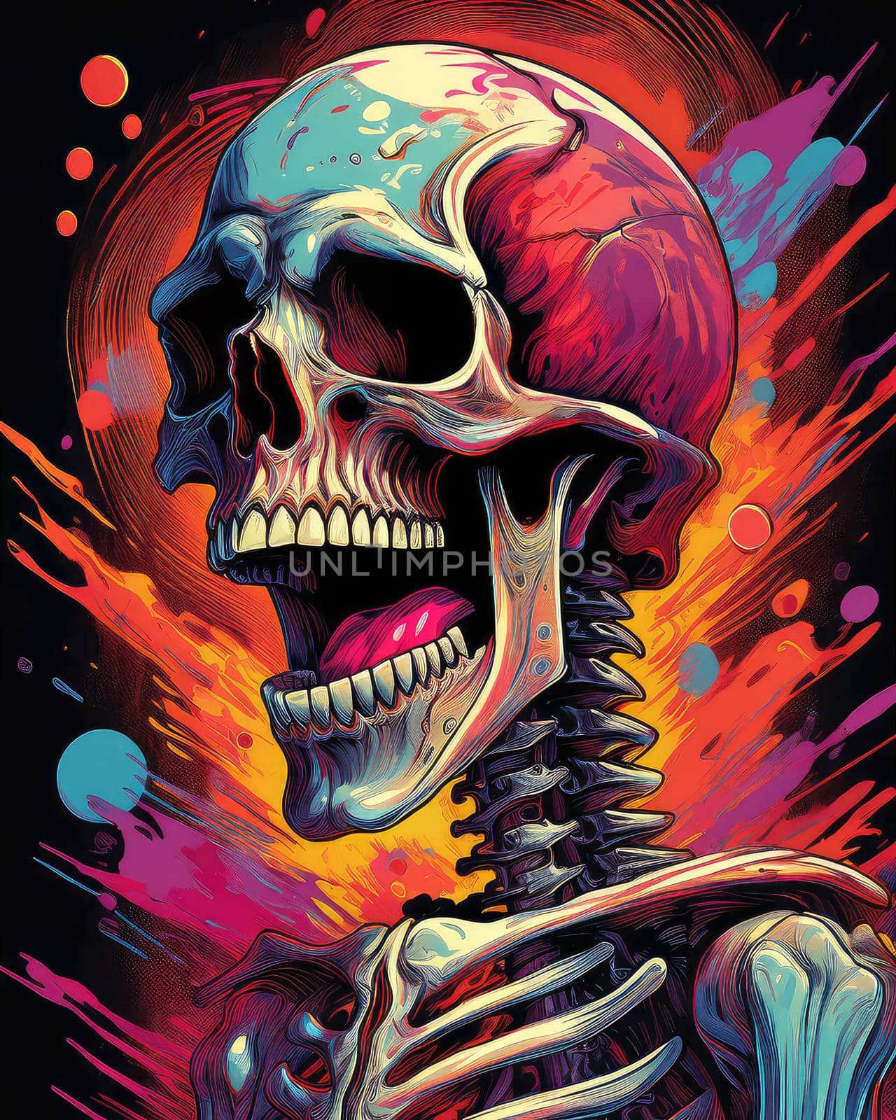Horror theme skeleton screaming into the void. Creepy open-mouthed skull with abstract background. Nightmarish skull-like creature in vibrant, gory colors.