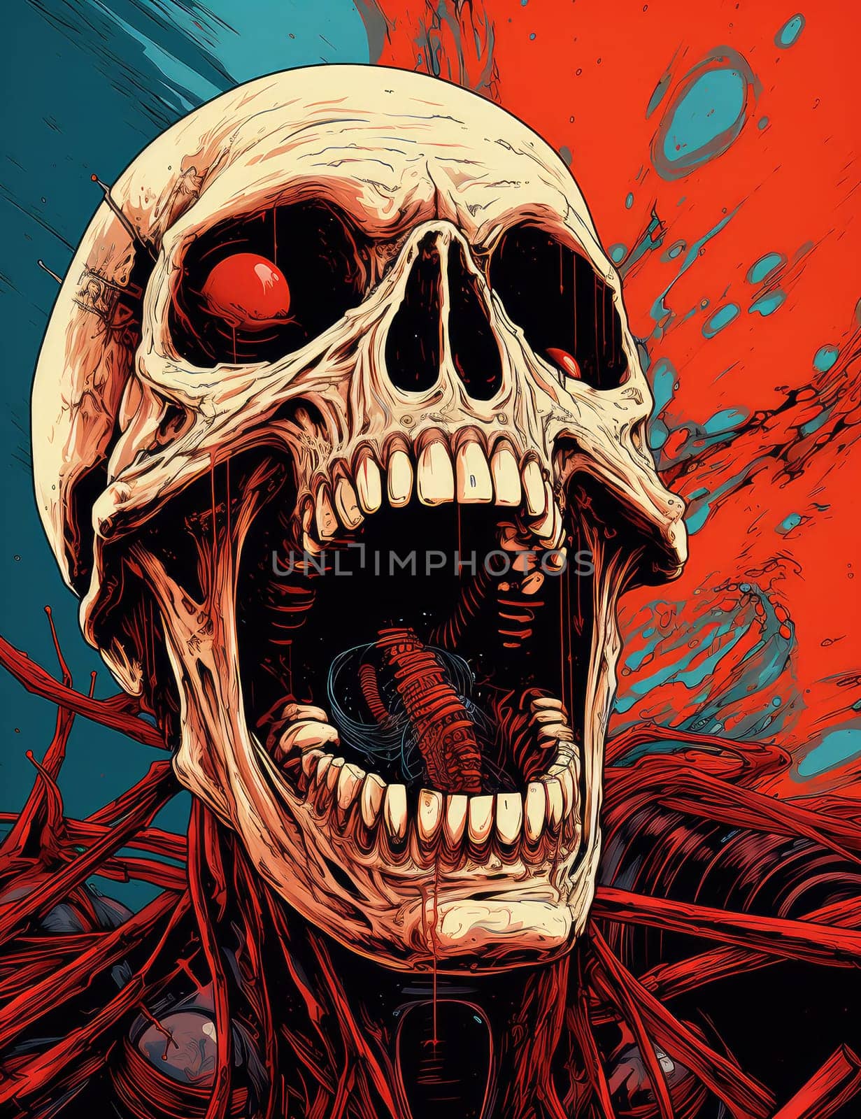 Horror theme skeleton screaming into the void. Creepy open-mouthed skull with abstract background. Nightmarish skull-like creature in vibrant, gory colors.