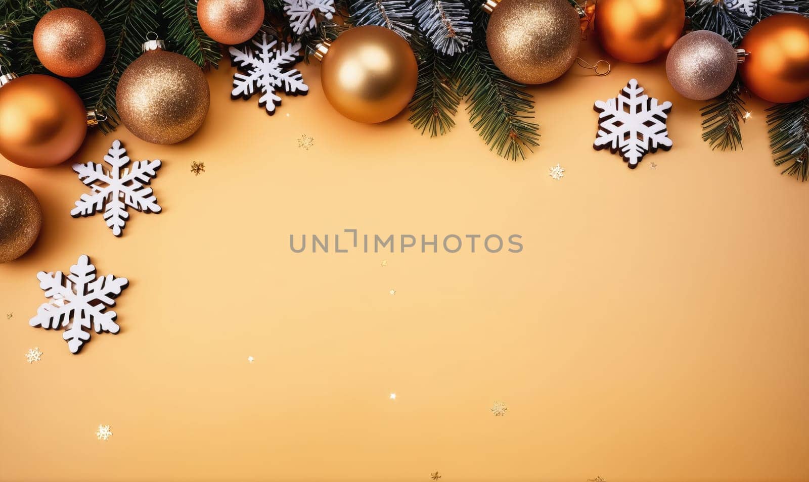 A flat lay of gold Christmas ornaments and white snowflakes arranged in a diagonal line across the top of a yellow surface. There is room for text in the center of the image.