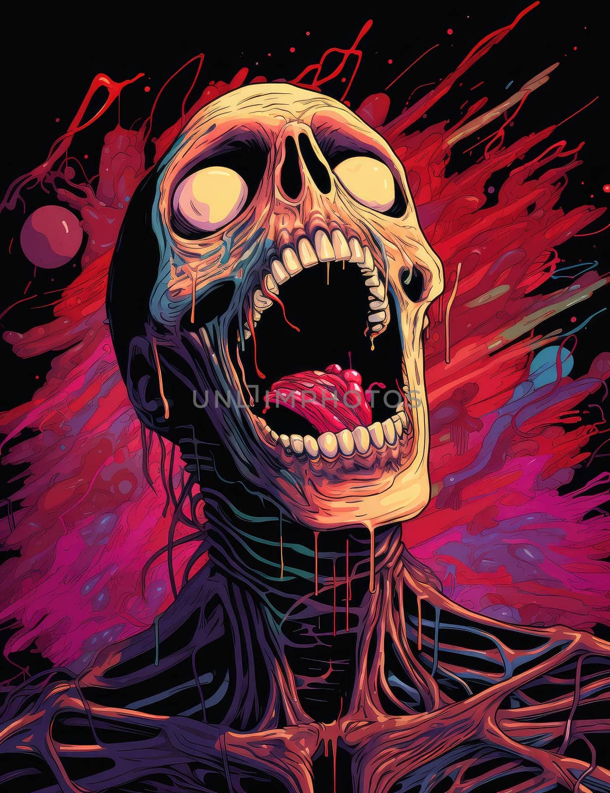 Horror theme skeleton screaming into the void. Creepy open-mouthed skull with abstract background. Nightmarish skull-like creature in vibrant, gory colors.