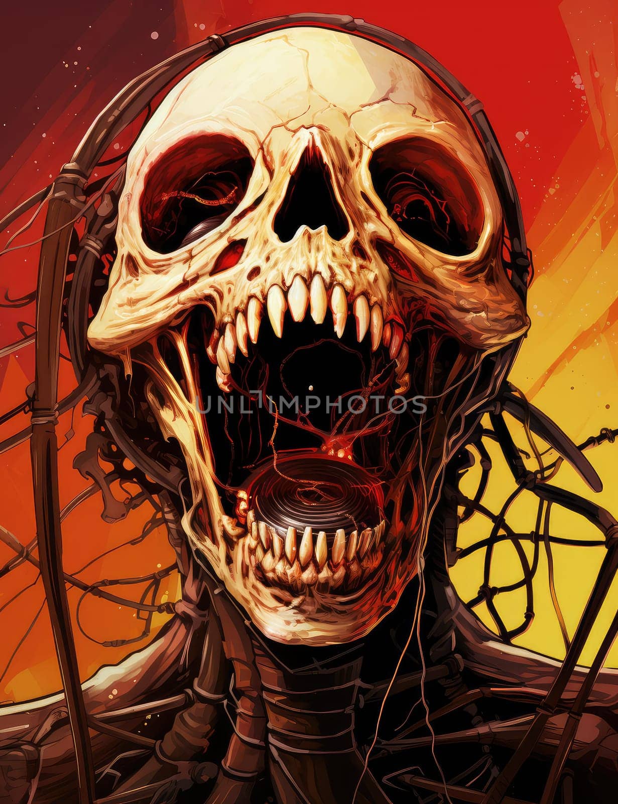 Horror theme skeleton screaming into the void. Creepy open-mouthed skull with abstract background. Nightmarish skull-like creature in vibrant, gory colors.