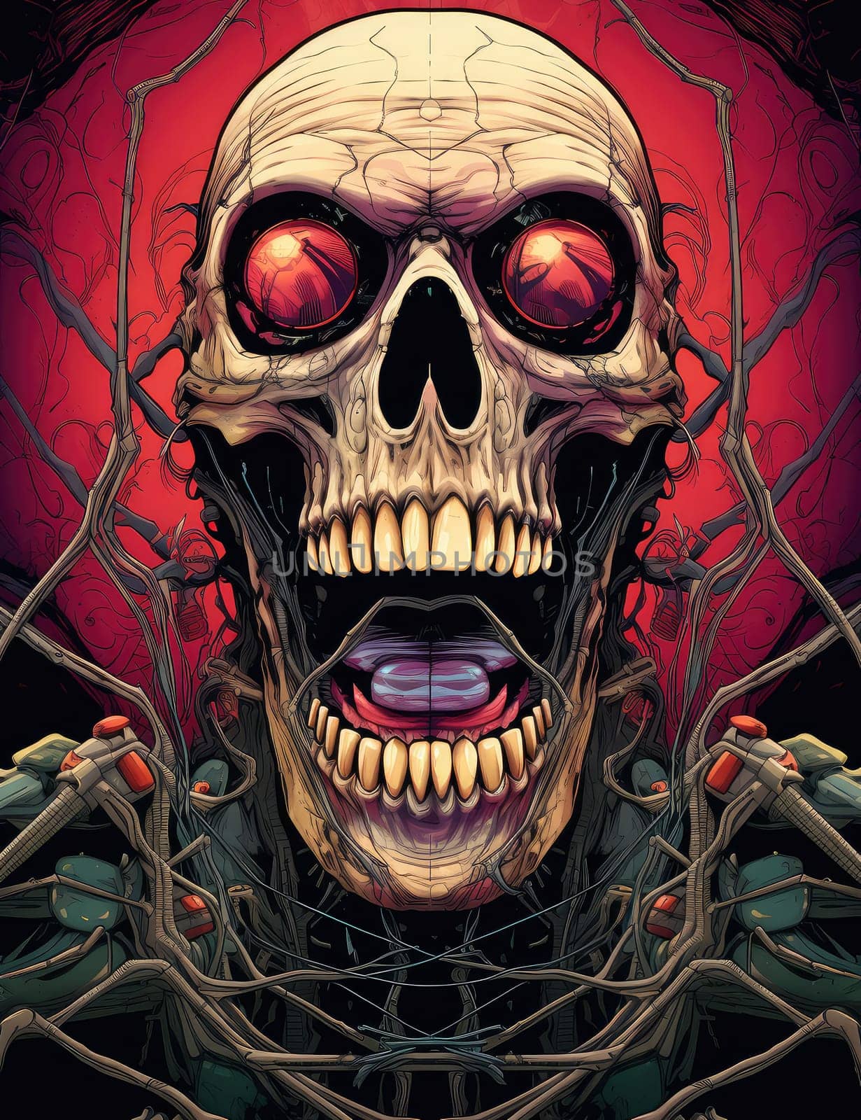 Horror theme skeleton screaming into the void. Creepy open-mouthed skull with abstract background. Nightmarish skull-like creature in vibrant, gory colors.