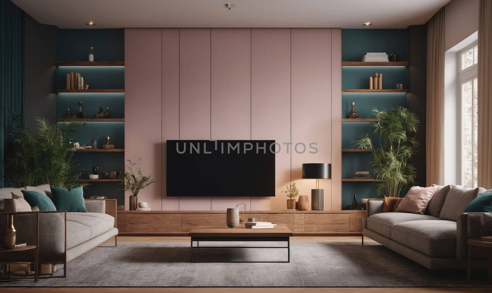 A spacious living room features two gray couches facing a large television mounted on a pale pink wall. The TV is positioned above a wooden entertainment center with a black lamp