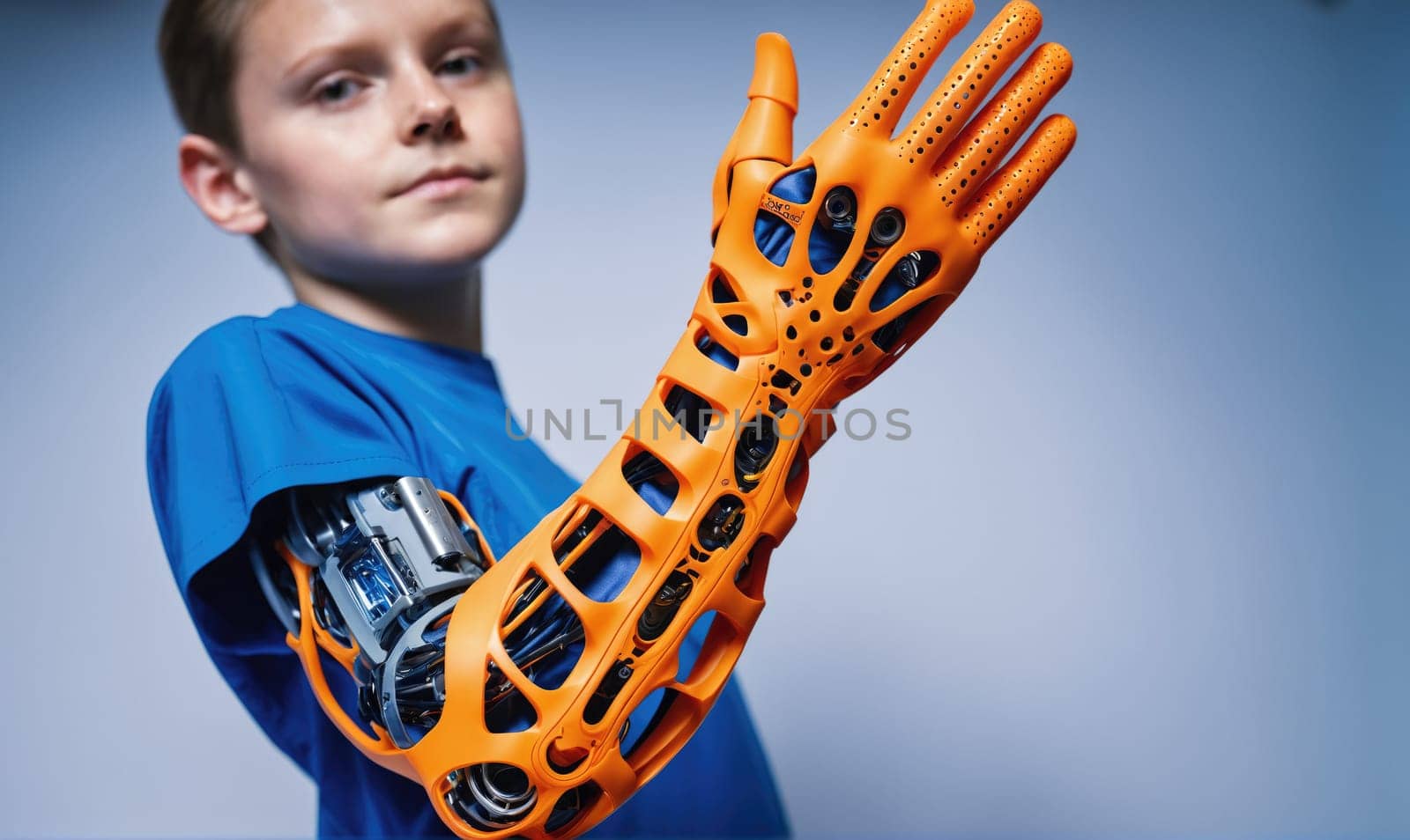 A young boy is wearing a 3D printed prosthetic arm. He is looking directly at the camera with a serious expression. The prosthetic arm is orange and has a complex design.