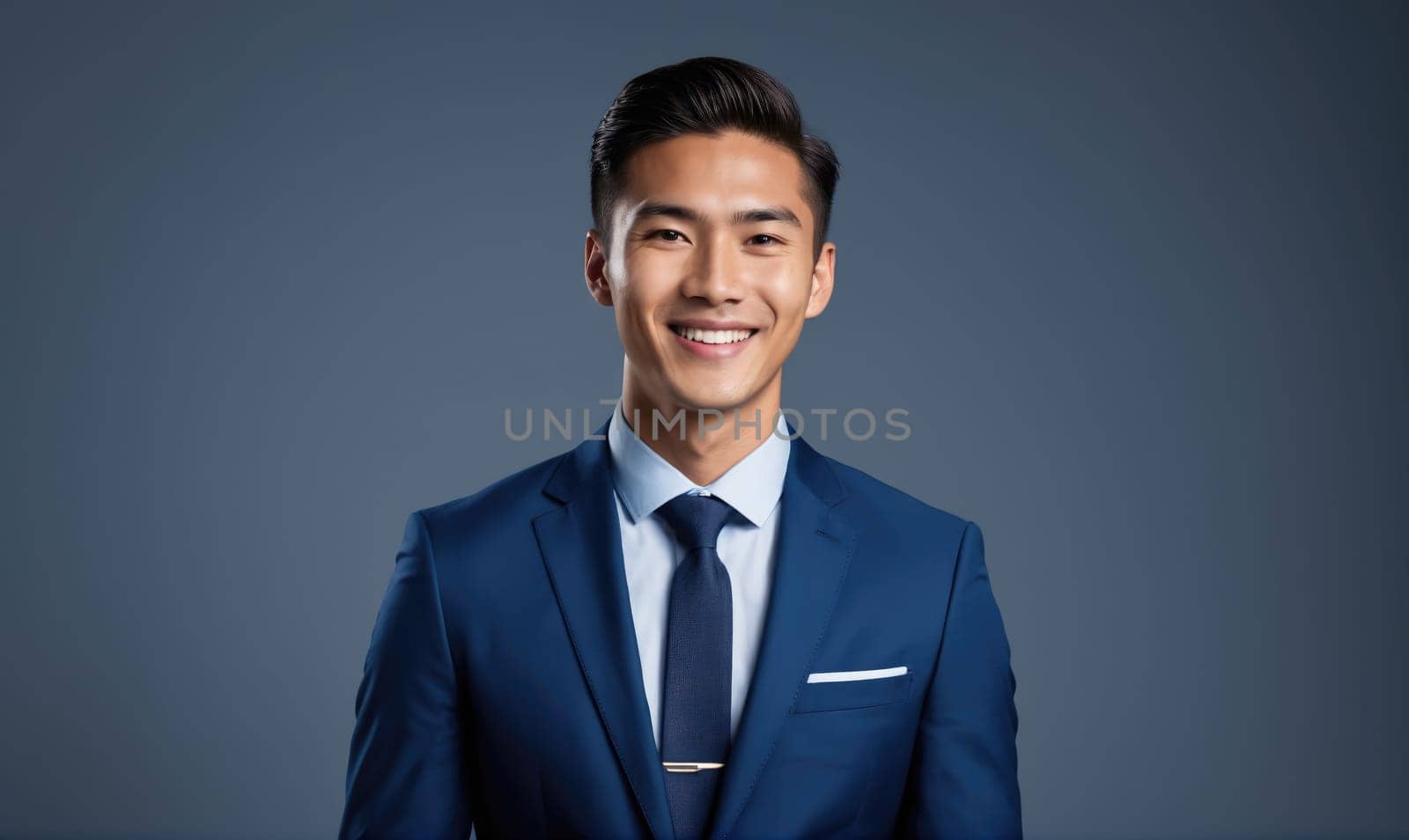 A man with dark hair is wearing a blue suit and tie. He is smiling and looking directly at the camera. He is standing in front of a plain, light blue background.