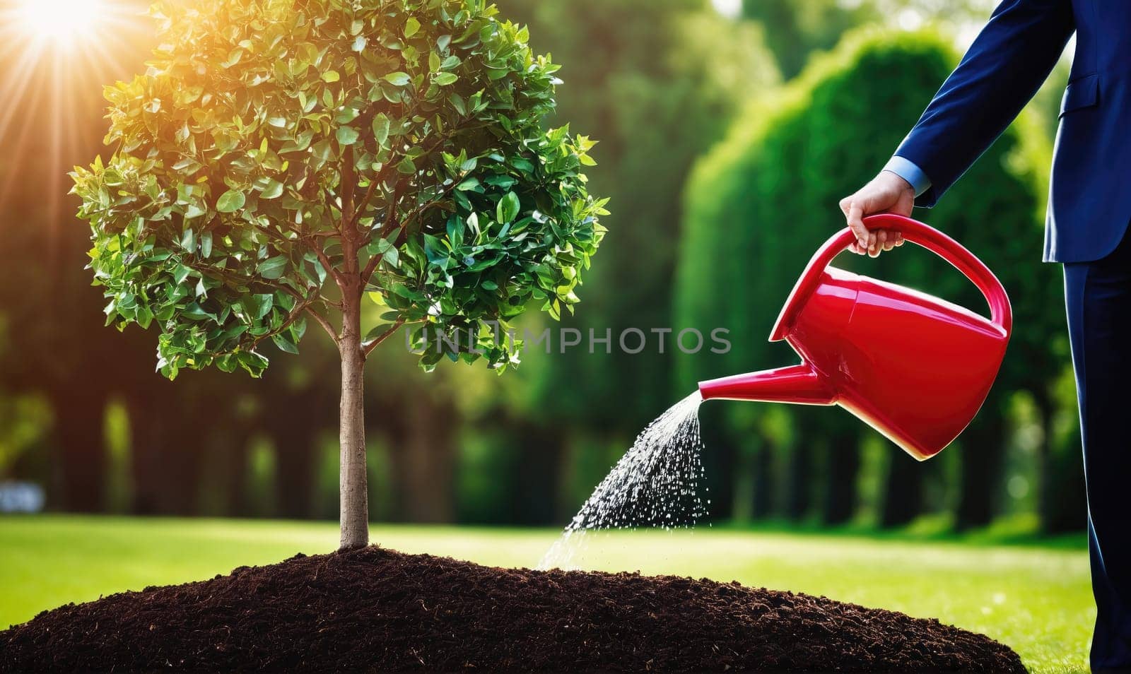 A person in a suit uses a red watering can to water a small tree that has just been planted. The sun shines brightly and there is green grass and foliage in the background.