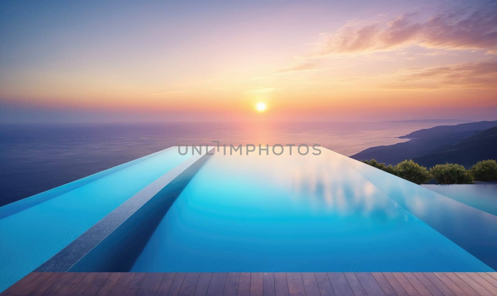 An infinity pool is perched high on a mountain overlooking a vast valley. The sun is setting over the distant mountains, casting a warm glow over the scene