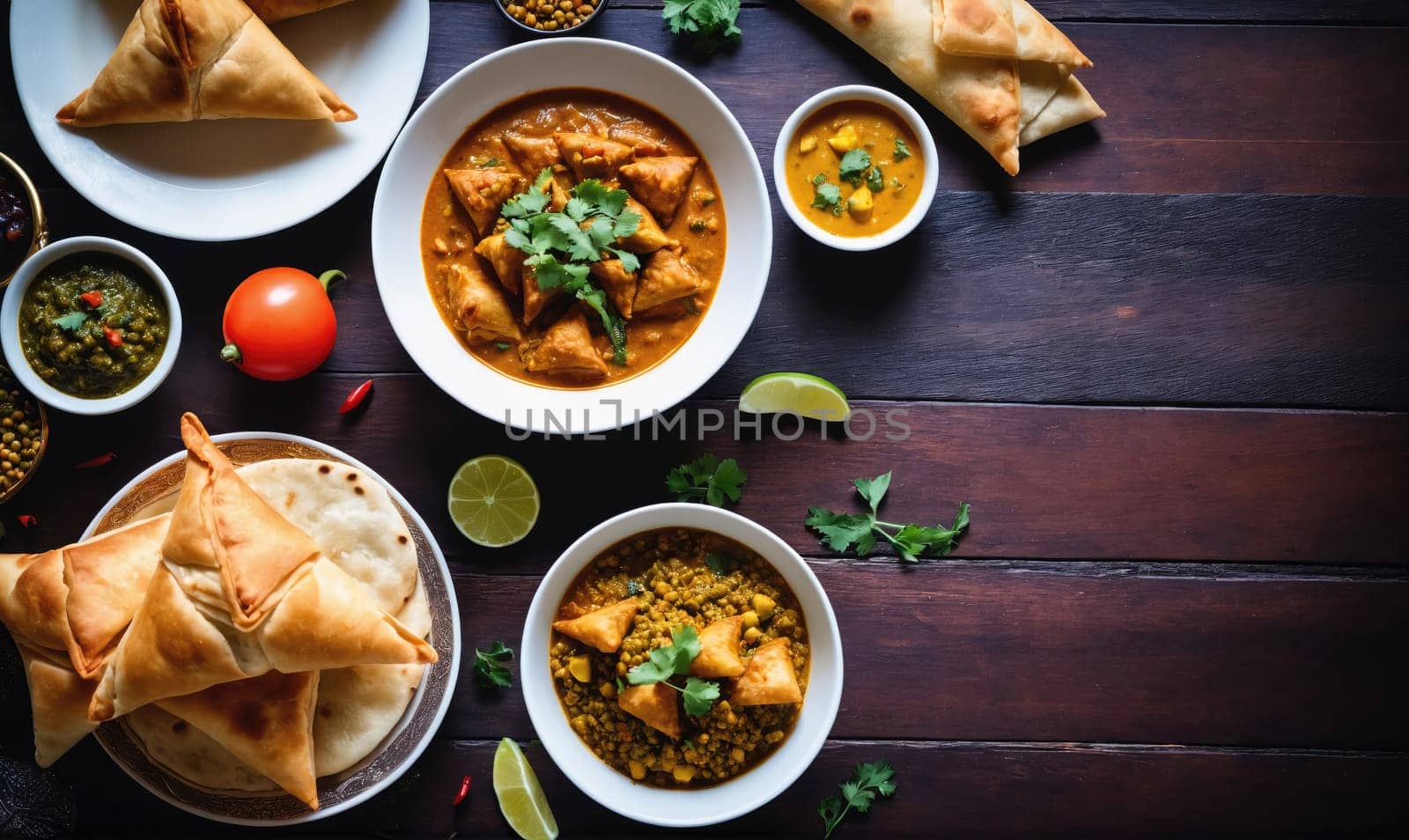 A table is set with various Indian dishes, including samosas, curries, and fresh herbs. A tomato, lime wedges, and cilantro sprigs are also visible. The background is a dark wooden table.