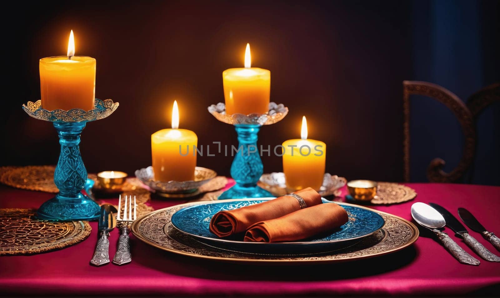 Four candles are burning on blue glass candle holders set on a burgundy table cloth