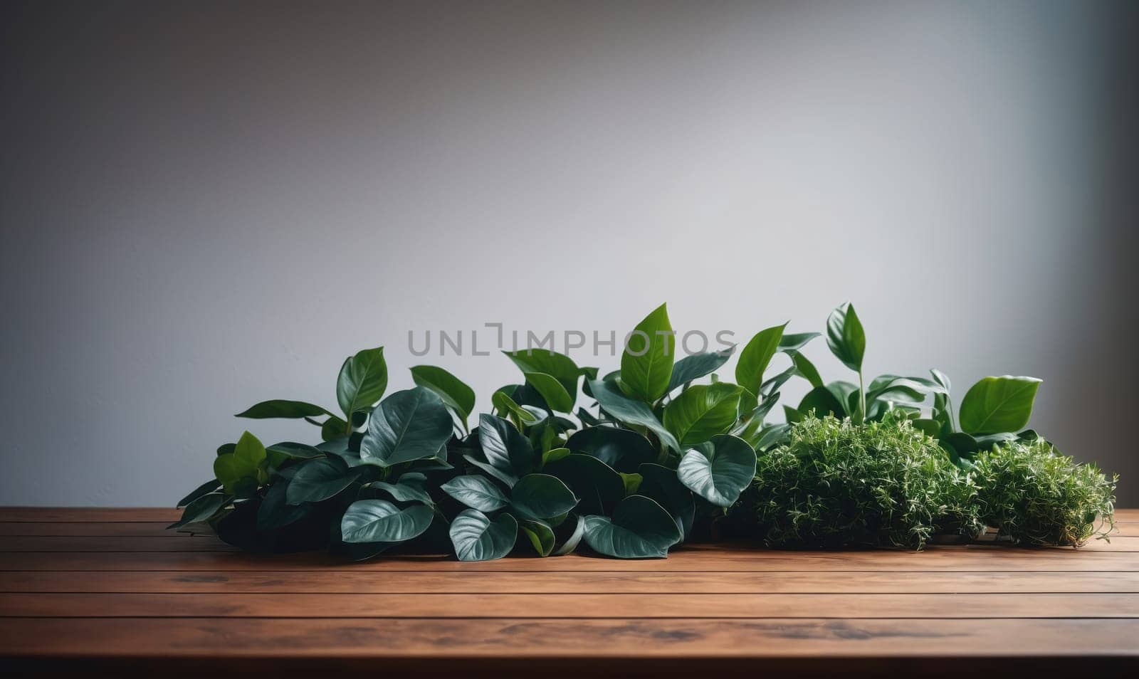 Lush green plants sit on a wooden table against a simple white backdrop.