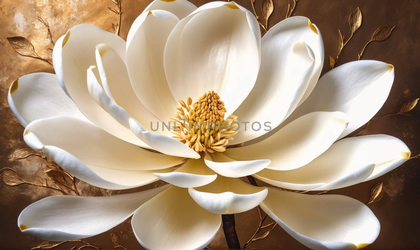 A close-up image of a white magnolia flower in bloom. The petals are delicate and soft, with a yellow center. The background is a rich gold color, adding a touch of elegance to the image.