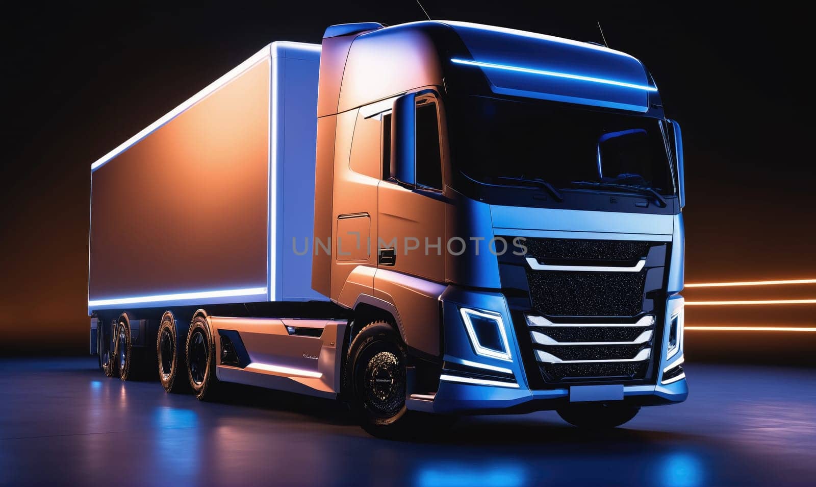 A modern, metallic semi-trailer truck is parked on a dark studio floor, illuminated by blue lights. The truck has a white trailer, and the cab is a dark blue color