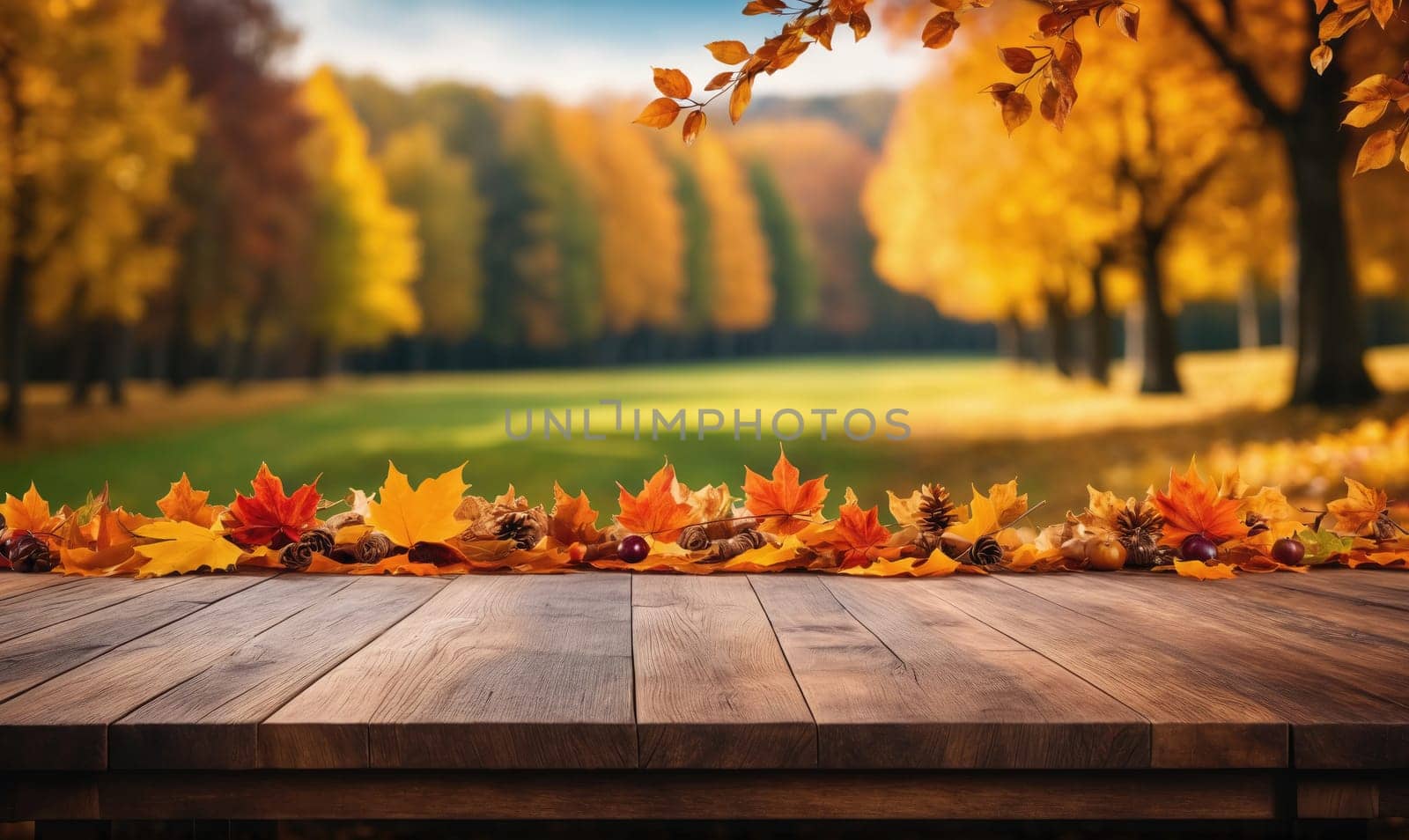 An empty wooden table is placed in front of a blurred background of autumn trees, with fallen leaves and acorns scattered across the front.