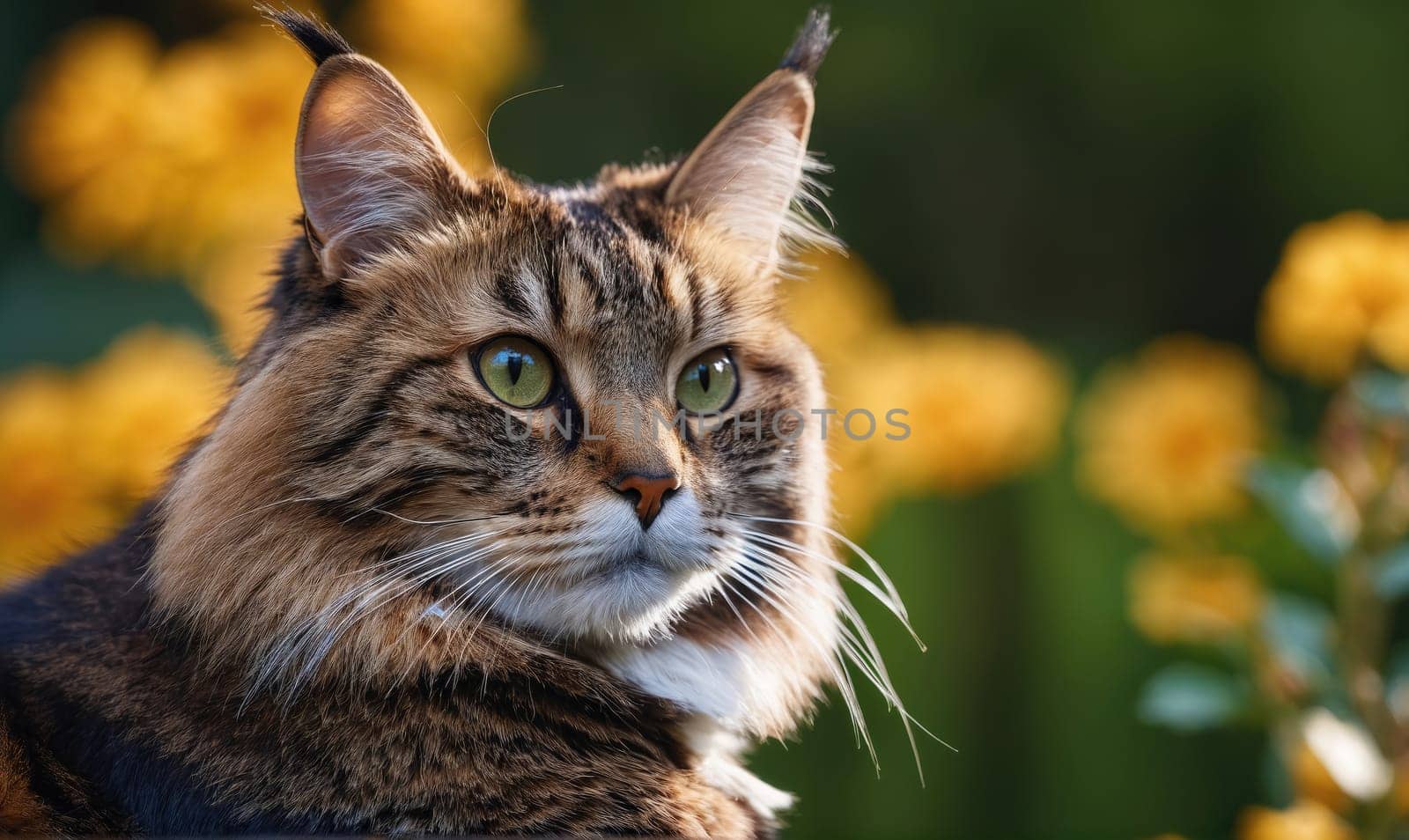 A cat with green eyes is sitting in front of a bunch of yellow flowers. The cat is looking at the camera with a curious expression. The scene has a peaceful and calming mood