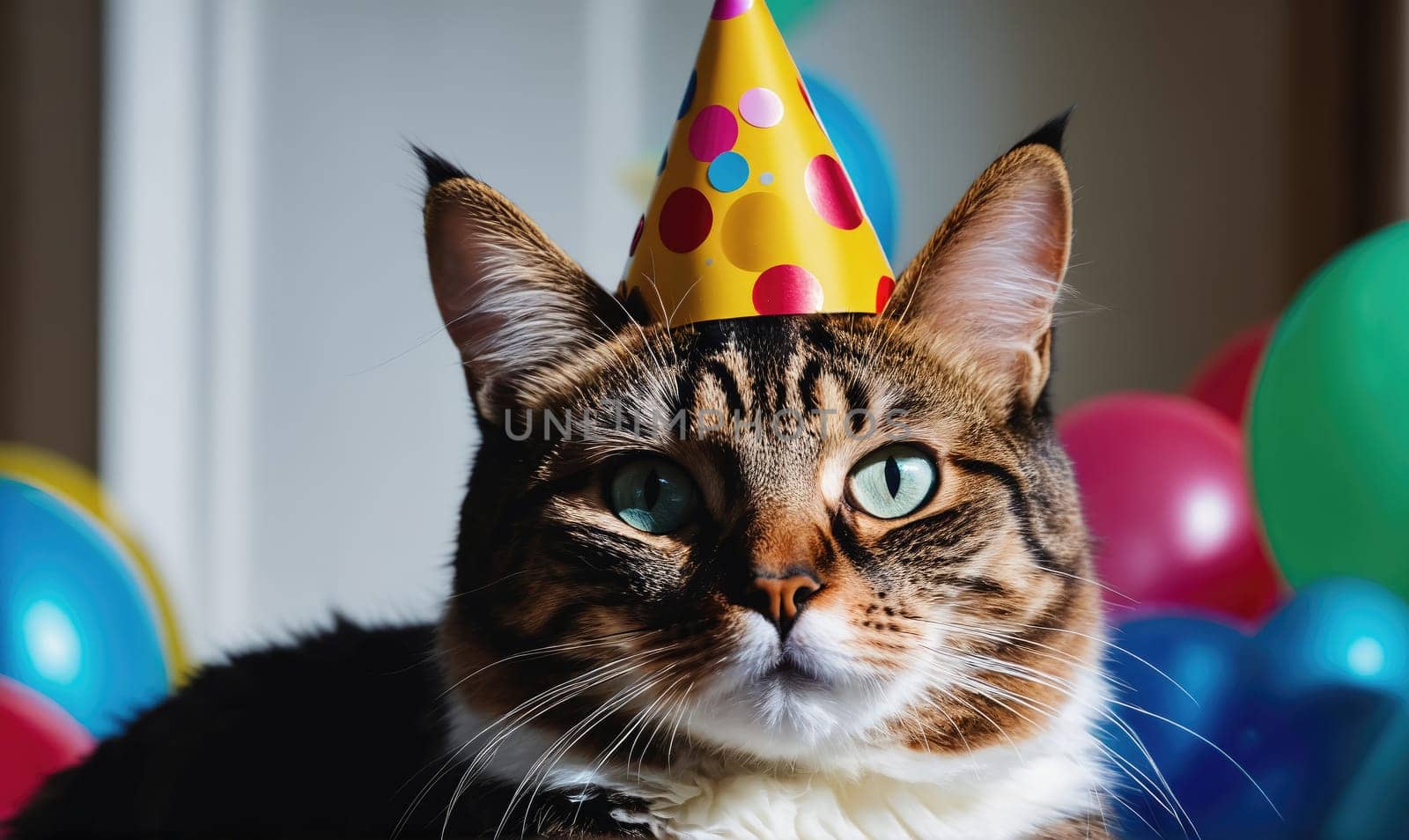 A tabby cat with a white chest and paws wears a yellow party hat with colorful polka dots. The cat has blue eyes and is looking directly at the camera