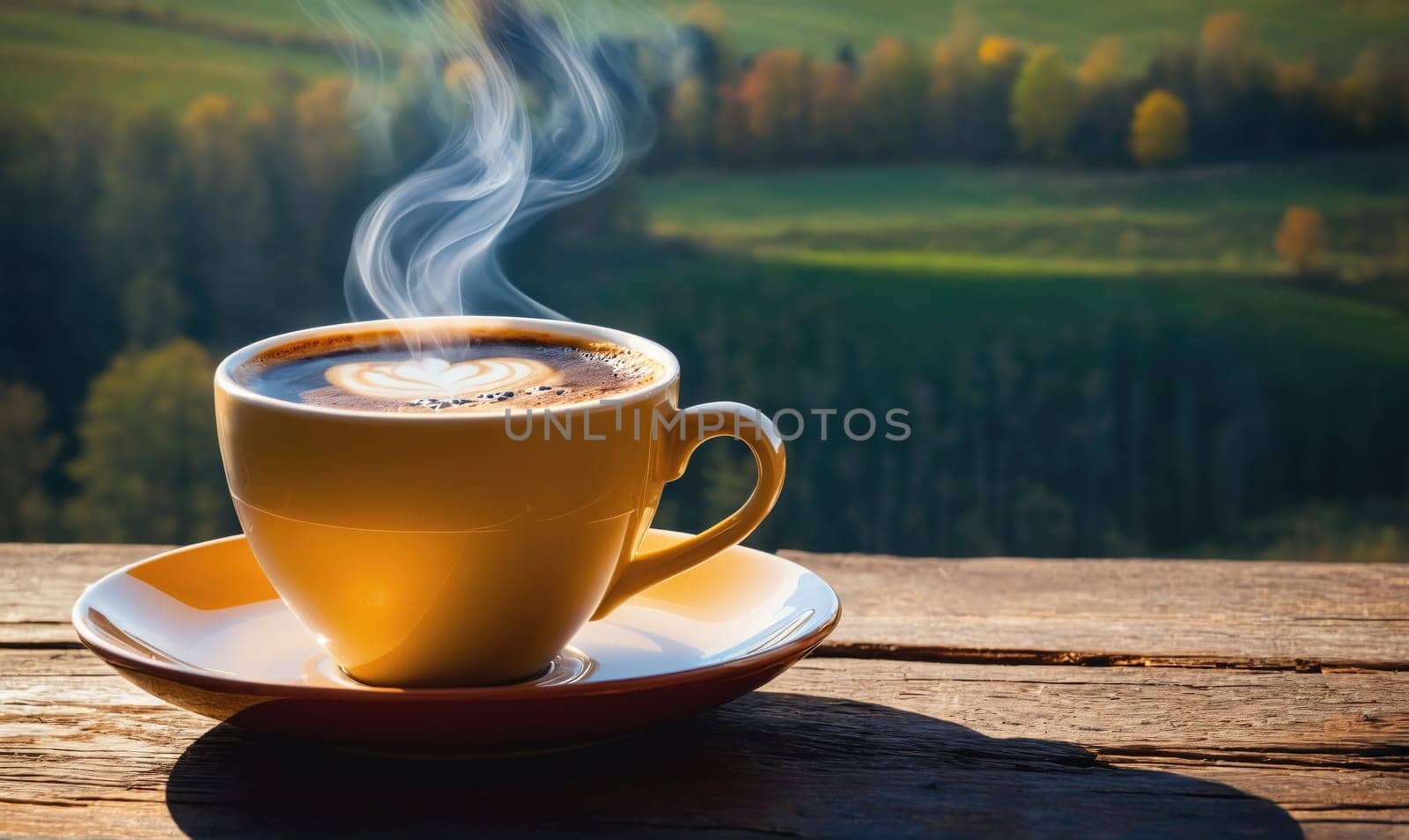 A cup of steaming coffee with a heart design in the foam rests on a saucer. The cup is yellow and sits on a wooden surface. The background is a blurry image of trees and a field.