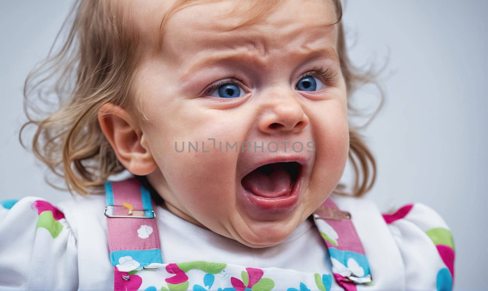 A young girl with blonde hair, wearing a white shirt with pink and blue straps, is making a loud, open-mouthed scream. Her blue eyes are wide open, and her expression is one of intense frustration.