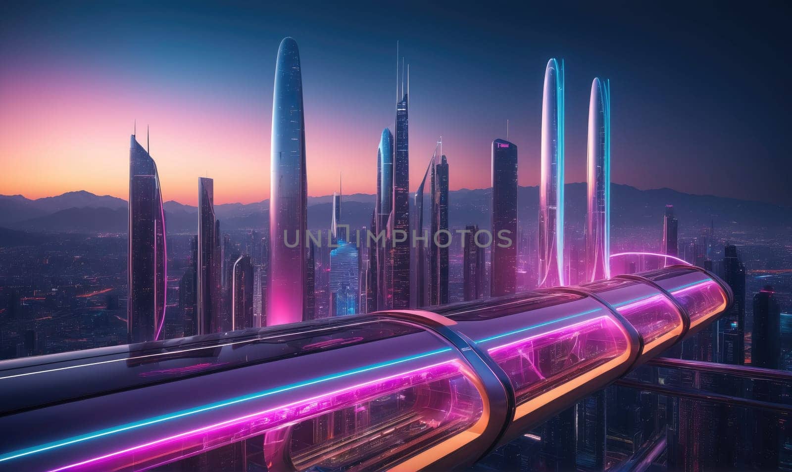 A futuristic city with tall skyscrapers and a glowing elevated train system. The train is traveling through the city at sunset, with the sky ablaze in shades of pink and purple.