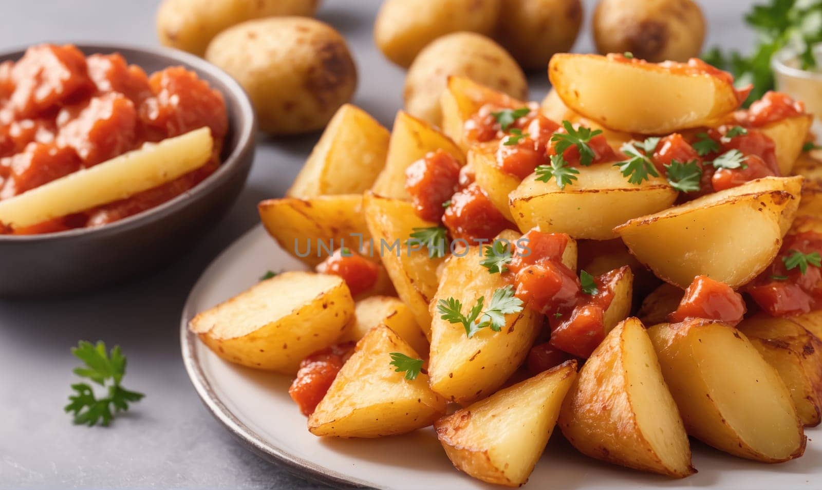 A white plate piled high with fried potato wedges covered in a vibrant red tomato sauce and a sprinkling of fresh parsley