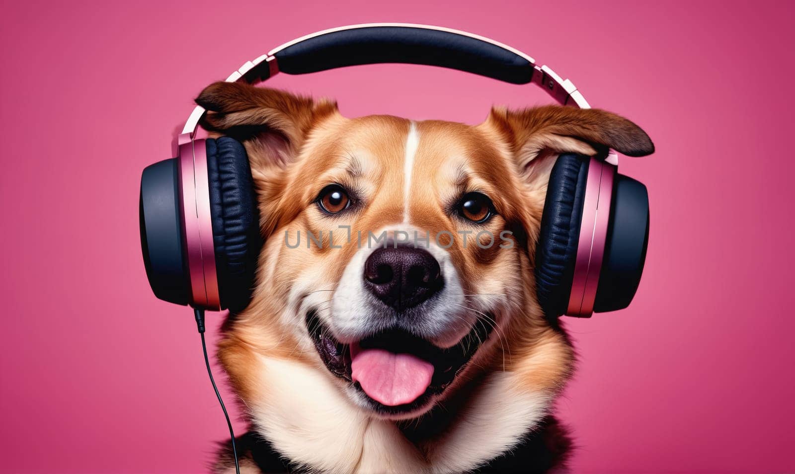 A dog is wearing black and pink headphones and smiling at the camera. The background is a bright pink.