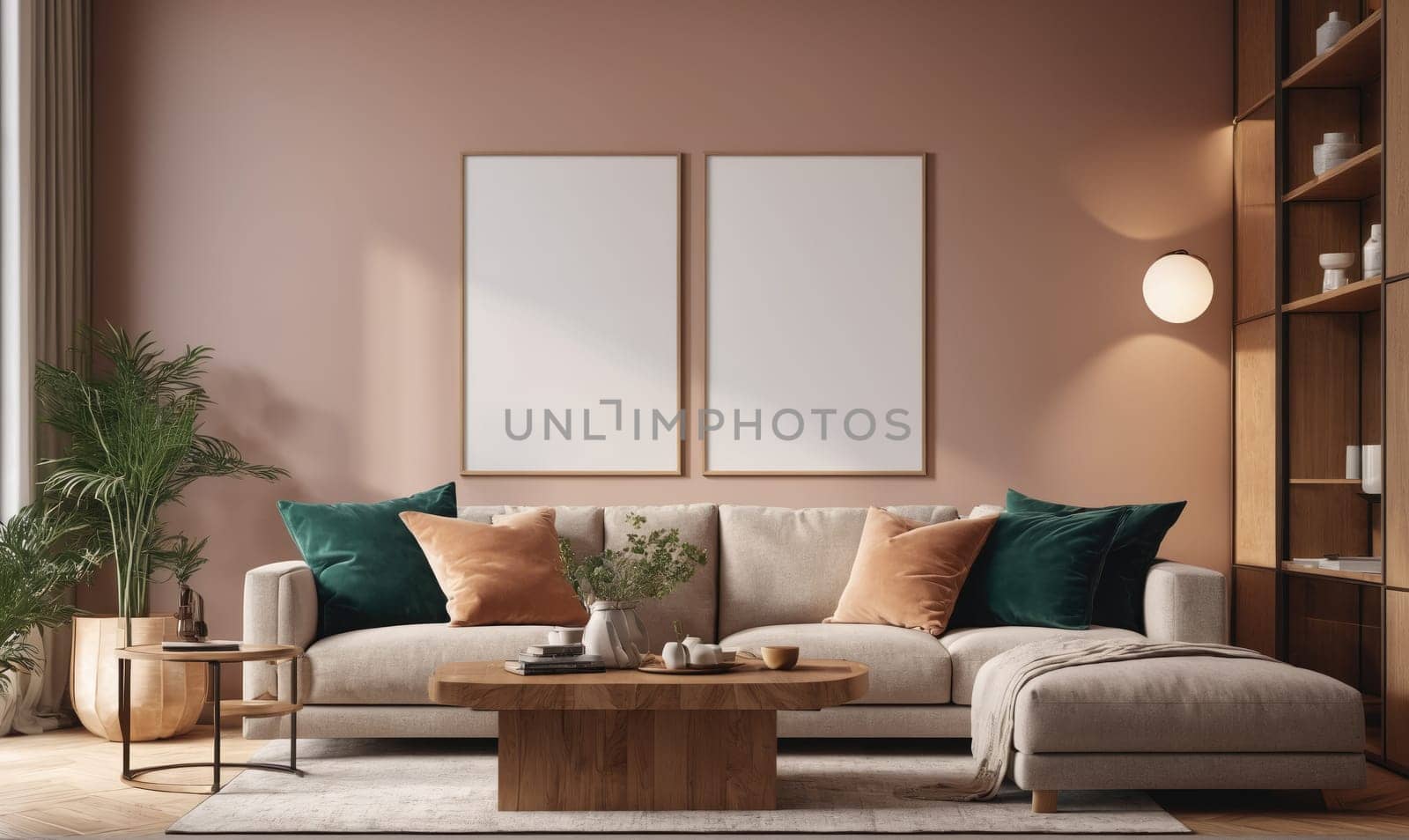 A modern living room with a sectional sofa, a wooden coffee table, and two framed pictures on a pale pink wall