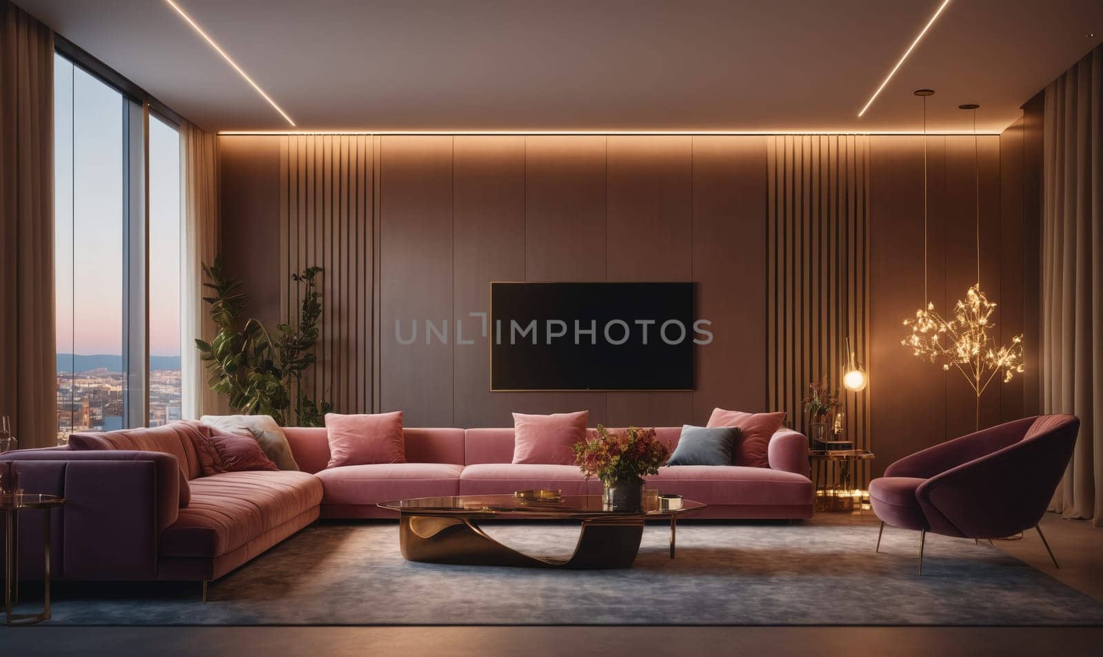 A large, modern living room with a large, pink sectional sofa that faces a window with views of a city skyline. There is a large, flat screen TV on the wall