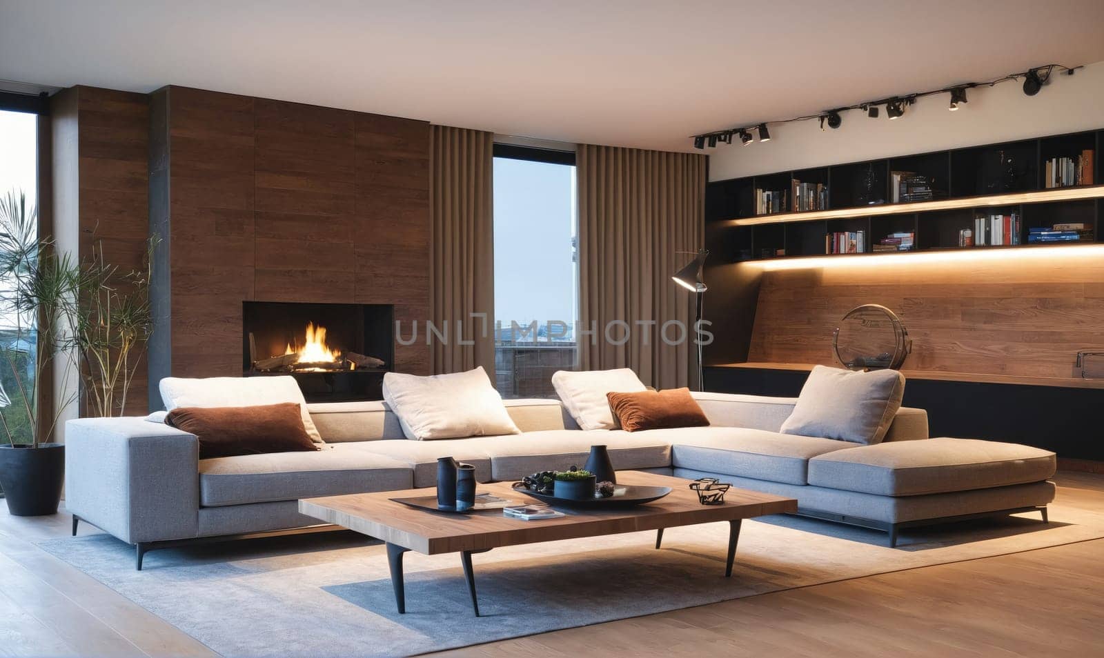 A modern living room with a large gray sectional sofa with white and brown pillows sits in front of a fireplace. A wooden coffee table with black legs sits in front of the sofa
