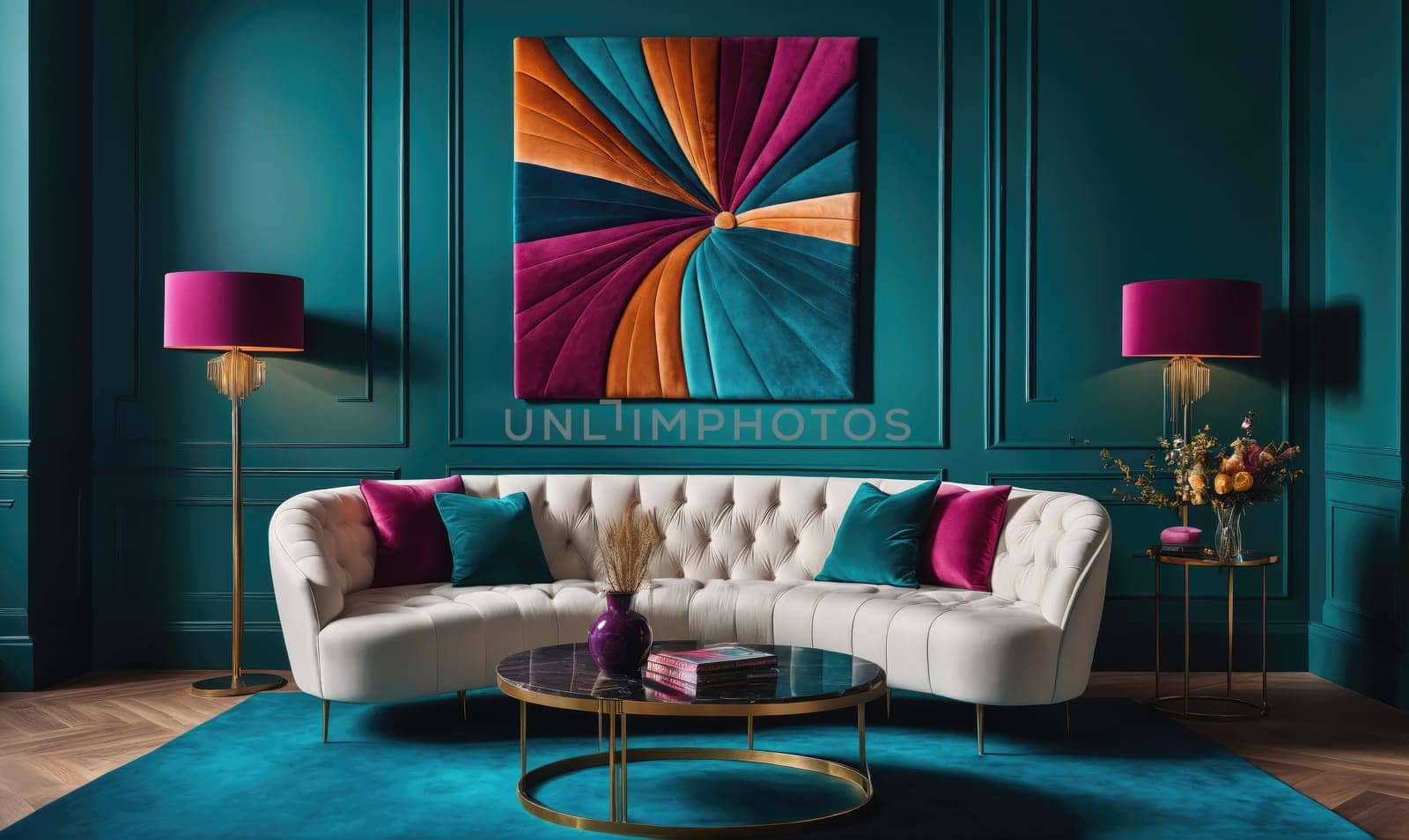 A white curved sofa sits in a living room with teal walls and a matching rug. The sofa has several throw pillows in shades of pink and teal