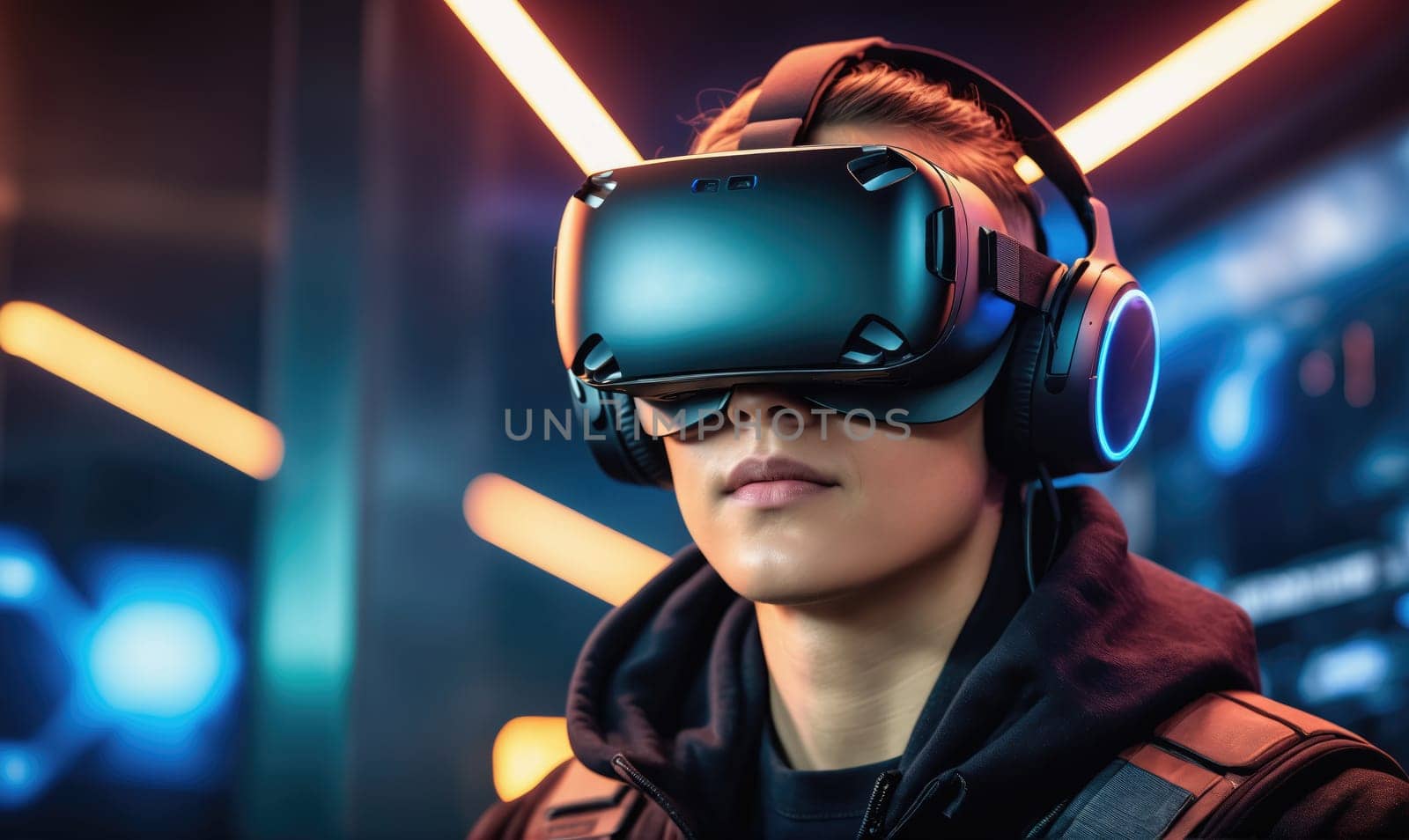 A young person is wearing a VR headset, with headphones, in a dimly lit, futuristic environment. Bright lights illuminate the background.