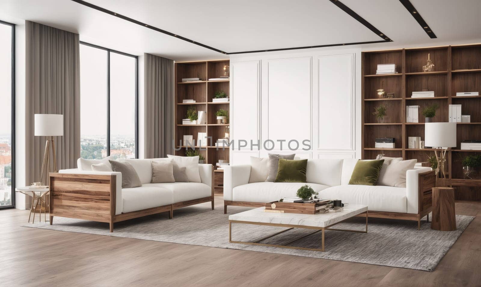 A spacious modern living room with large windows, white couches with brown throw pillows, a white coffee table, and wooden bookcases on each side of the room