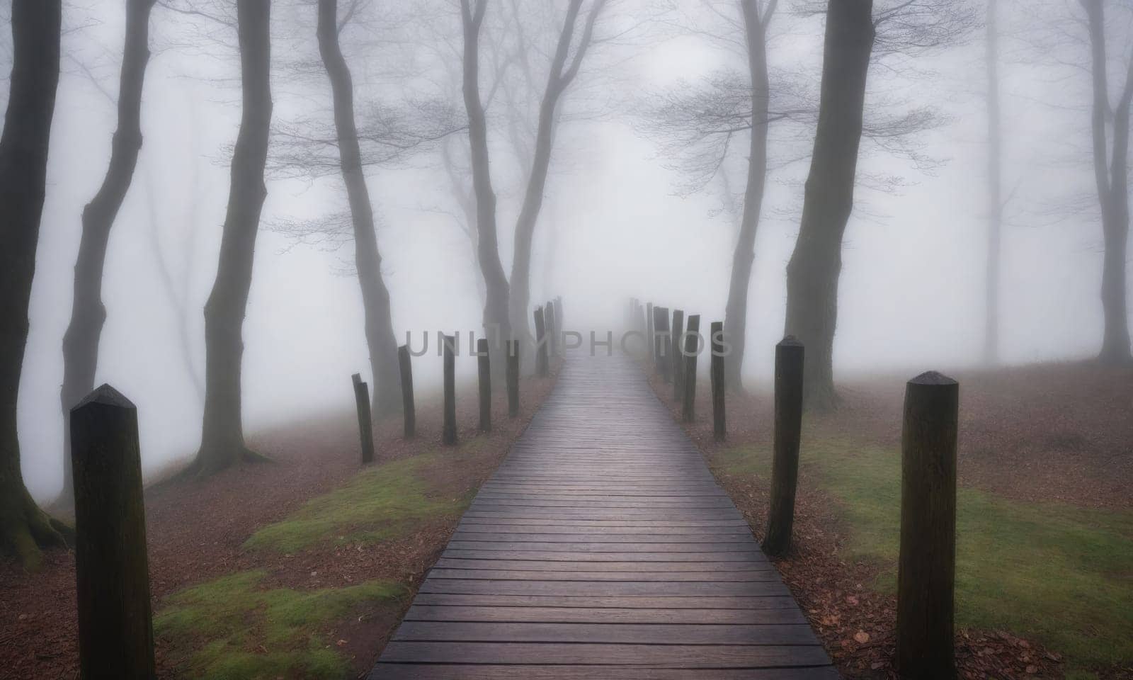 A wooden path is seen through a dense fog, stretching out towards the horizon. Trees line the path, their branches shrouded in mist.