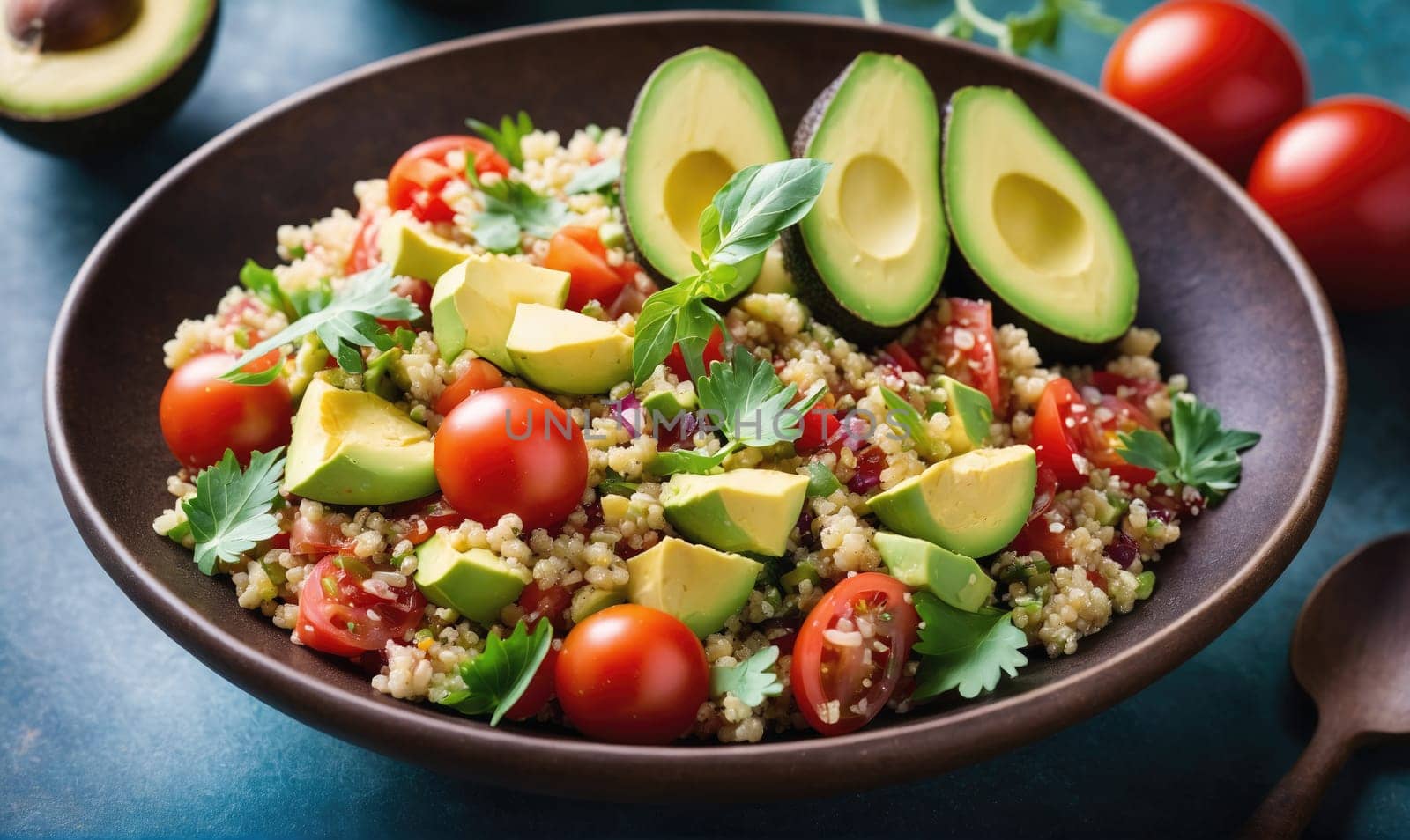 A bowl of quinoa salad with avocado, tomato, and cilantro. The salad is in a brown bowl and is sitting on a blue surface.