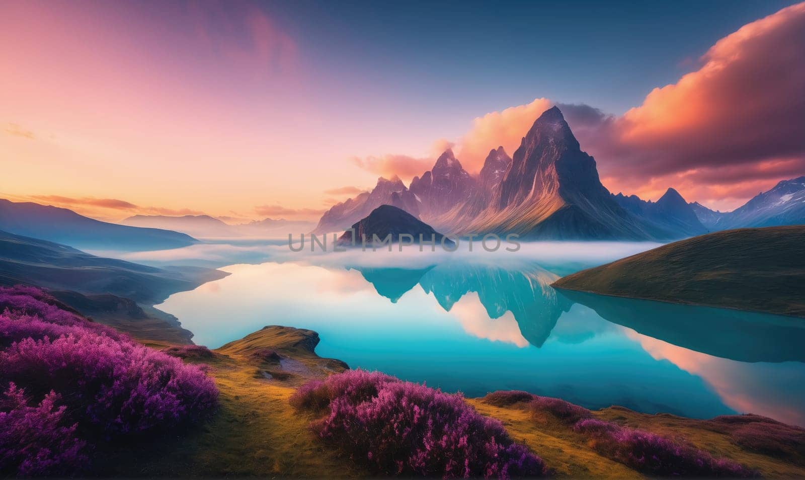 A still lake reflects the morning sky, which is a mix of vibrant pink, orange, and blue. Lush green hills lead down to the lake's edge, and the mountains rise up behind them