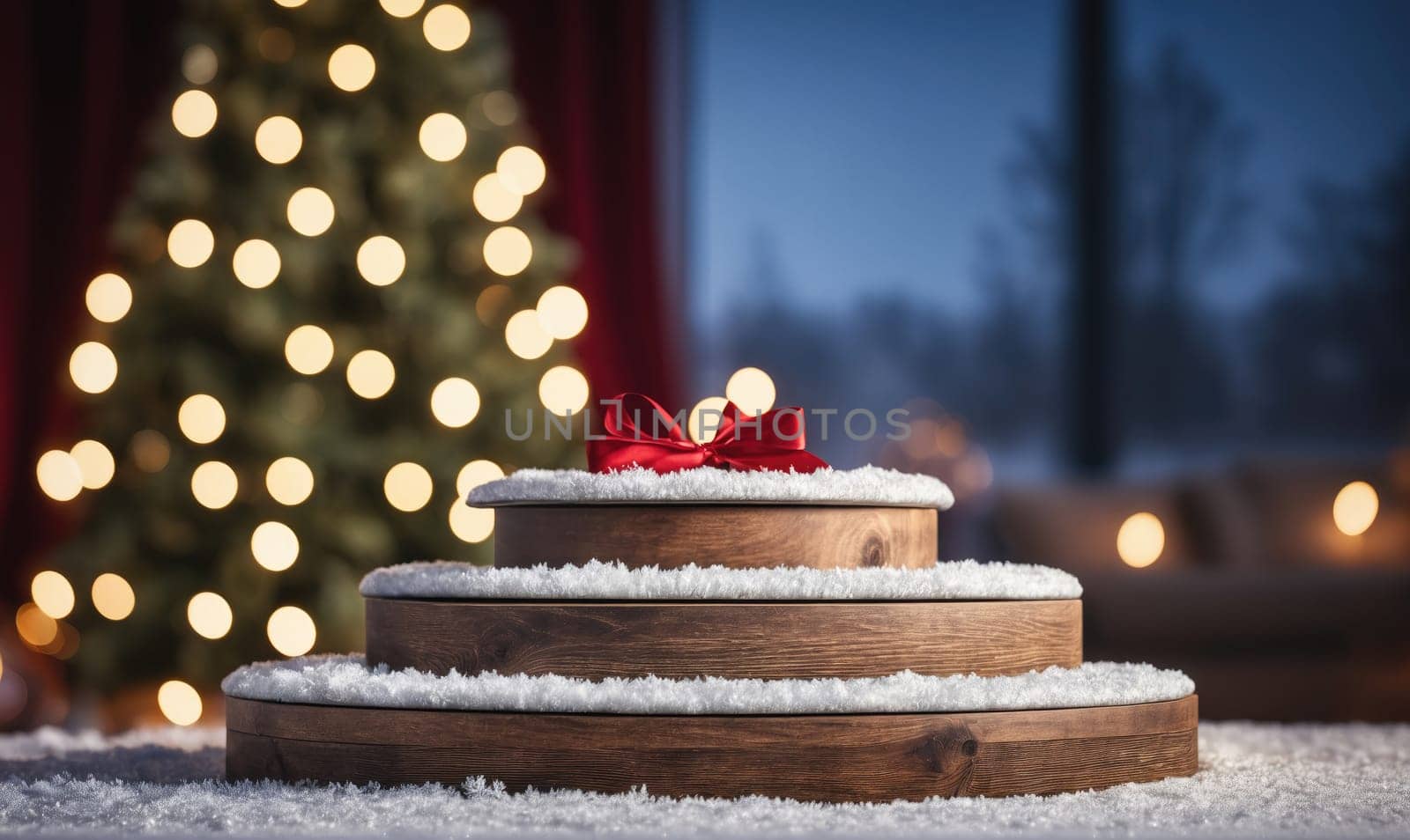 Three wooden tiers covered in a dusting of snow are arranged in a pyramid shape, the top tier features a red bow. A Christmas tree with white lights is blurred in the background.