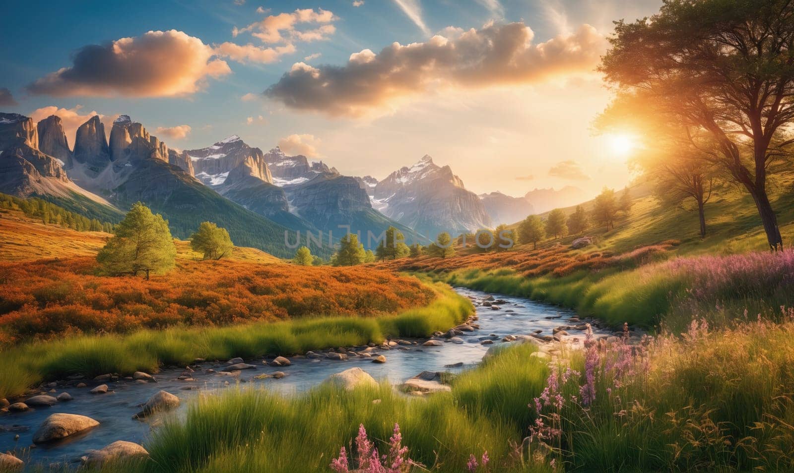 A winding river flows through a valley with lush green grass and wildflowers. Tall, snow-capped mountains rise in the distance, with a vibrant sunset casting a warm glow over the landscape.