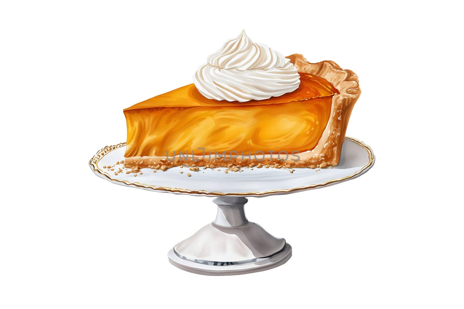 A slice of pumpkin pie with whipped cream on top watercolor cut out illustration