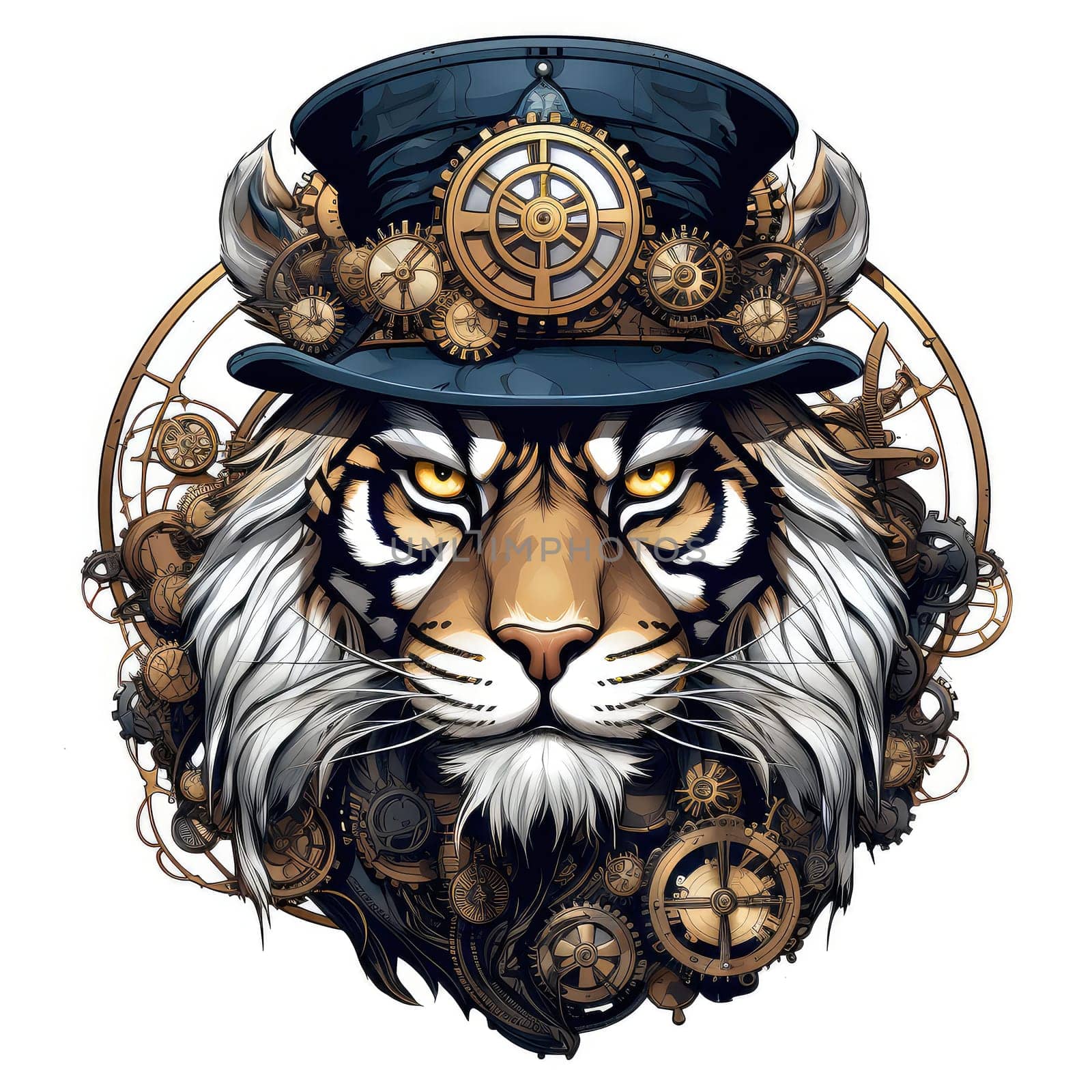 Majestic tiger in a steampunk theme with mechanical gears and wheels. Graphic design element for sticker, poster, t-shirt print, etc.