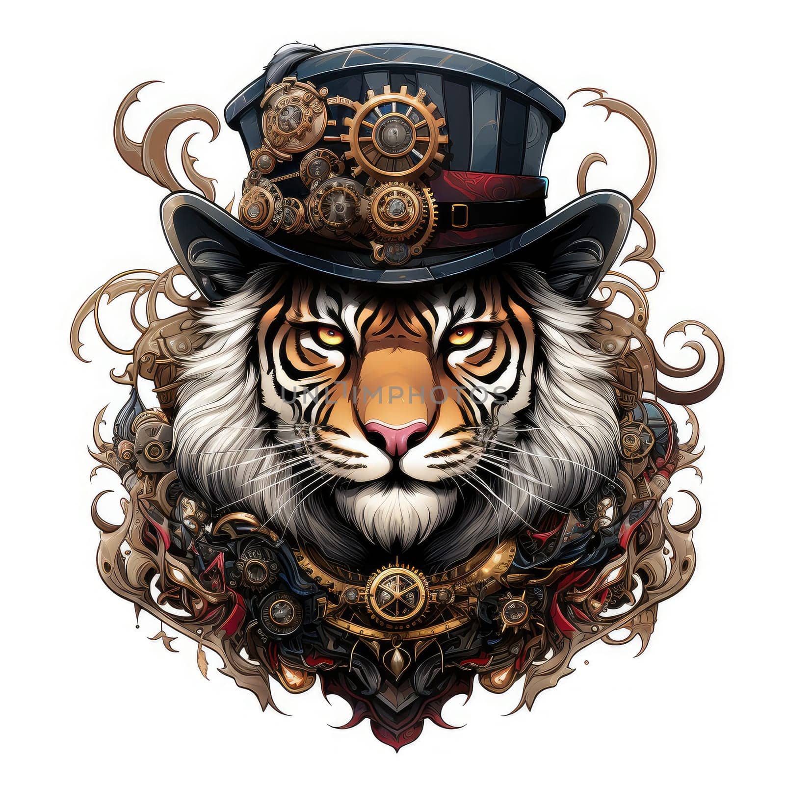 Majestic tiger in a steampunk theme with mechanical gears and wheels. Graphic design element for sticker, poster, t-shirt print, etc.